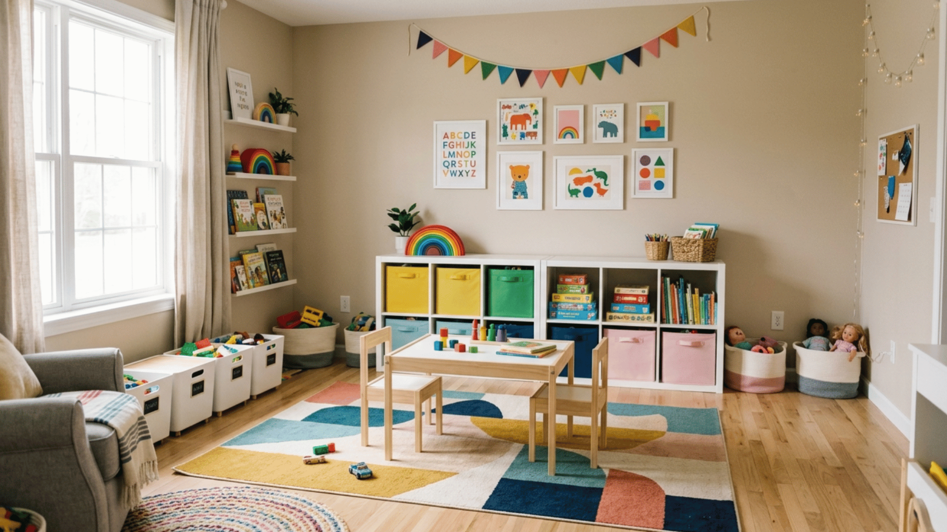 neutral kids playroom with colorful rugs, toy bins, wall decor, and bright cozy family interior