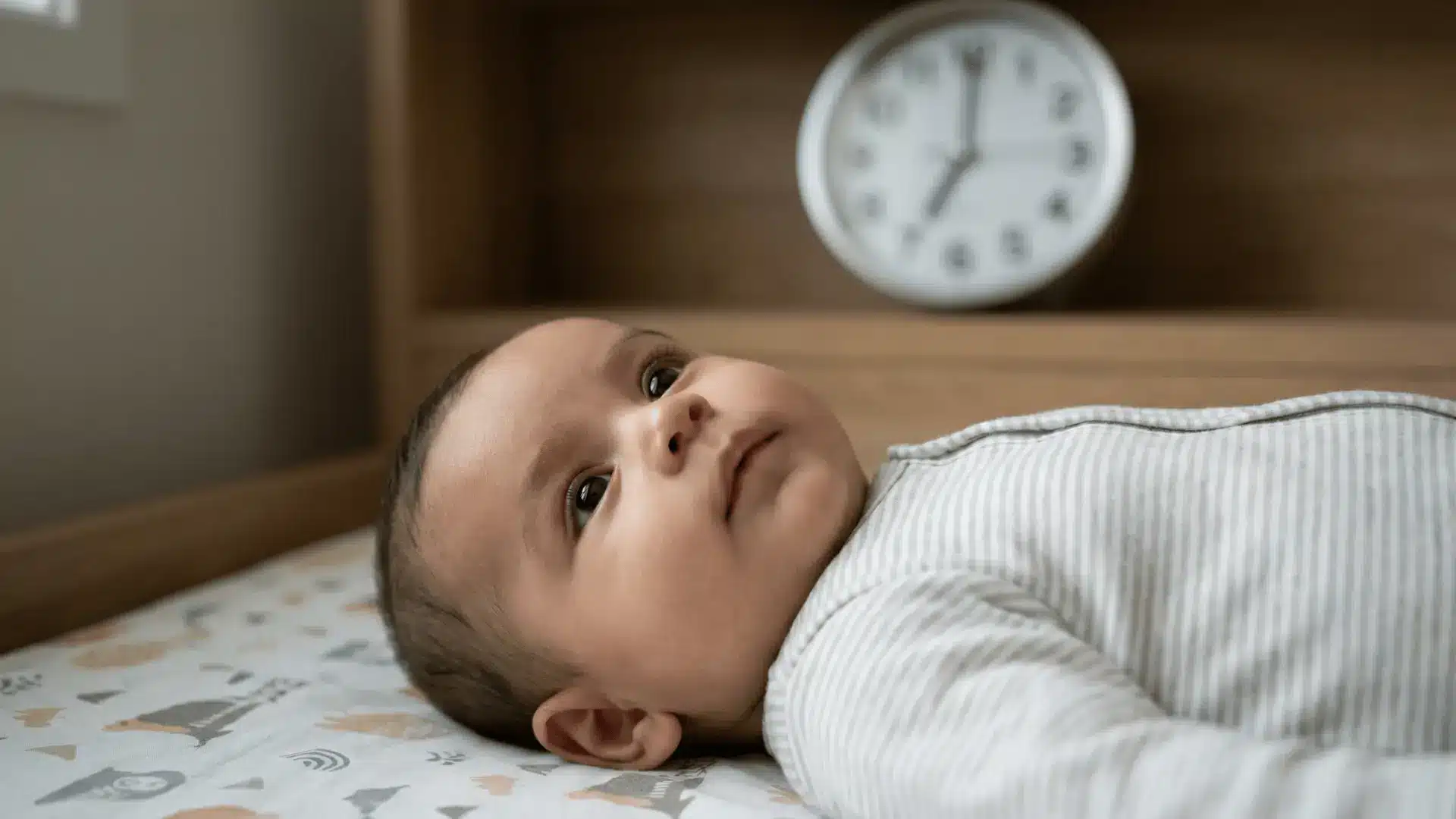 Newborn awake with a clock visible in background