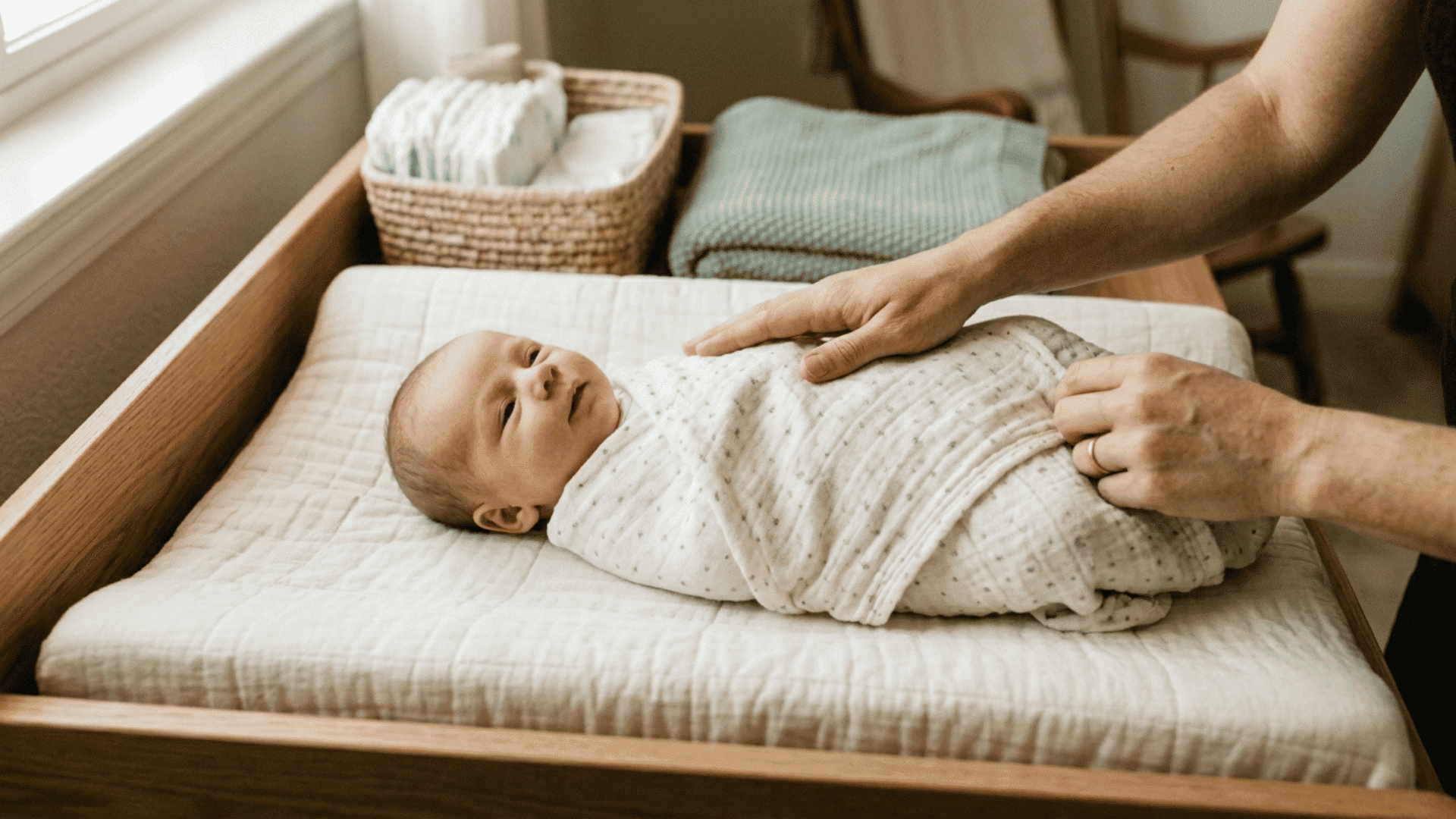 newborn baby being swaddled in a 40x40 inch square blanket on a changing table by adult hands