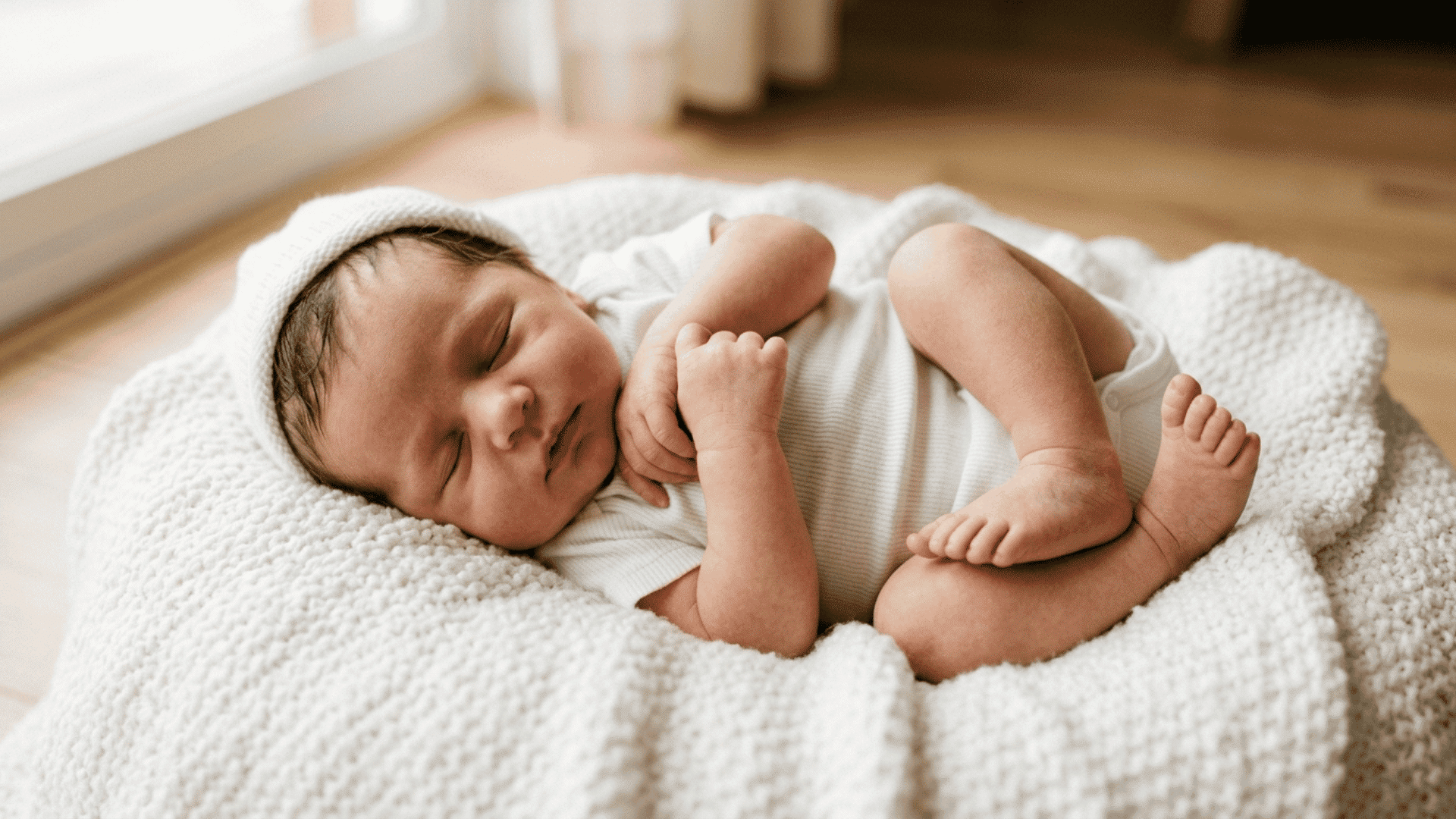 newborn baby lying on white blanket with arms and knees tucked in showing the natural newborn scrunch posture