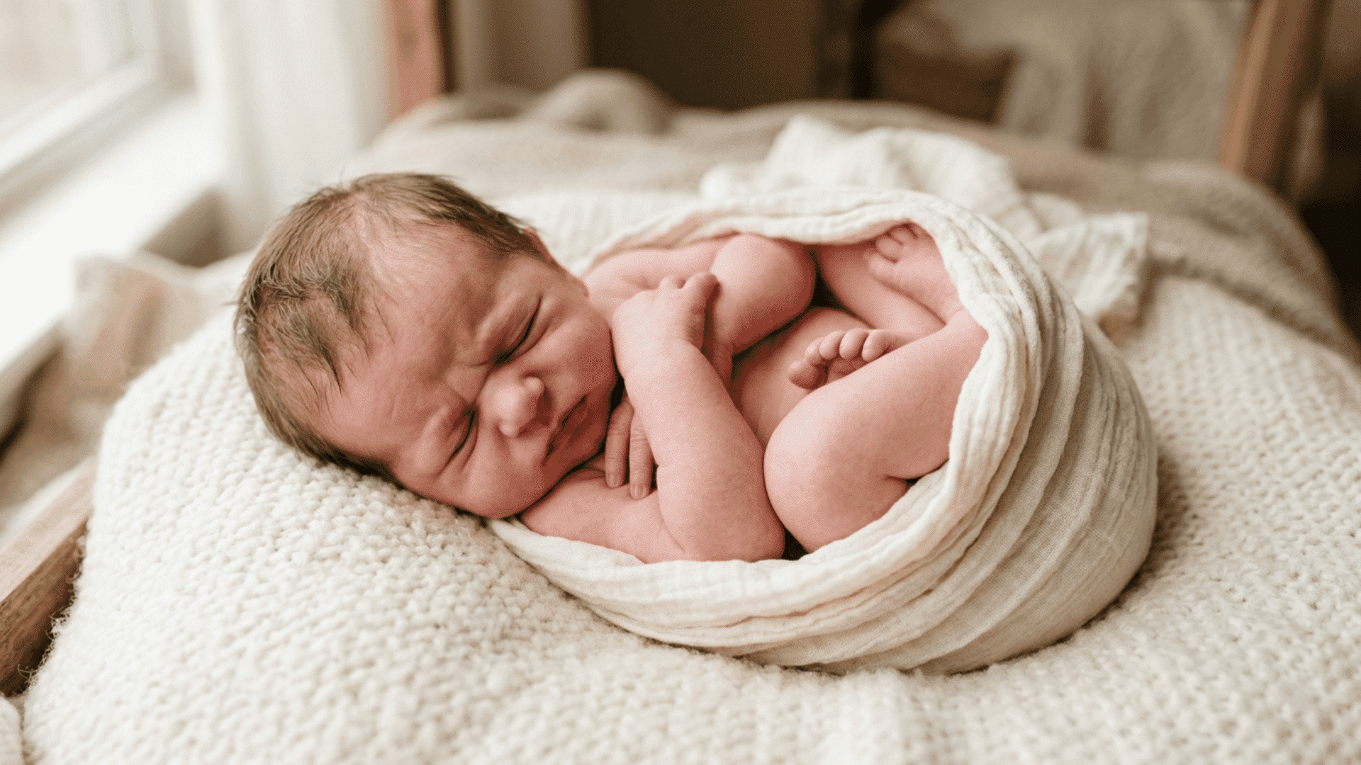 newborn baby with tiny scrunched face on cream surface tightly curled with knees to belly reflecting fetal position memory