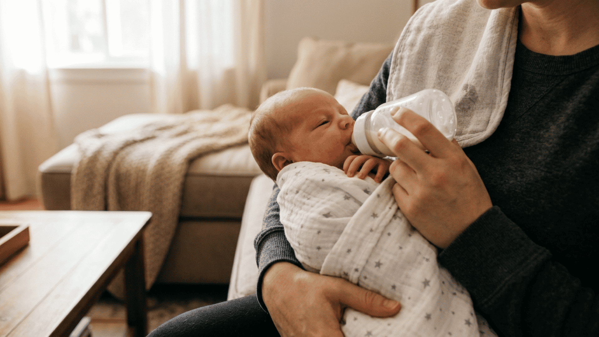 newborn baby wrapped in receiving blanket being fed by parent hands visible in a calm indoor care setting