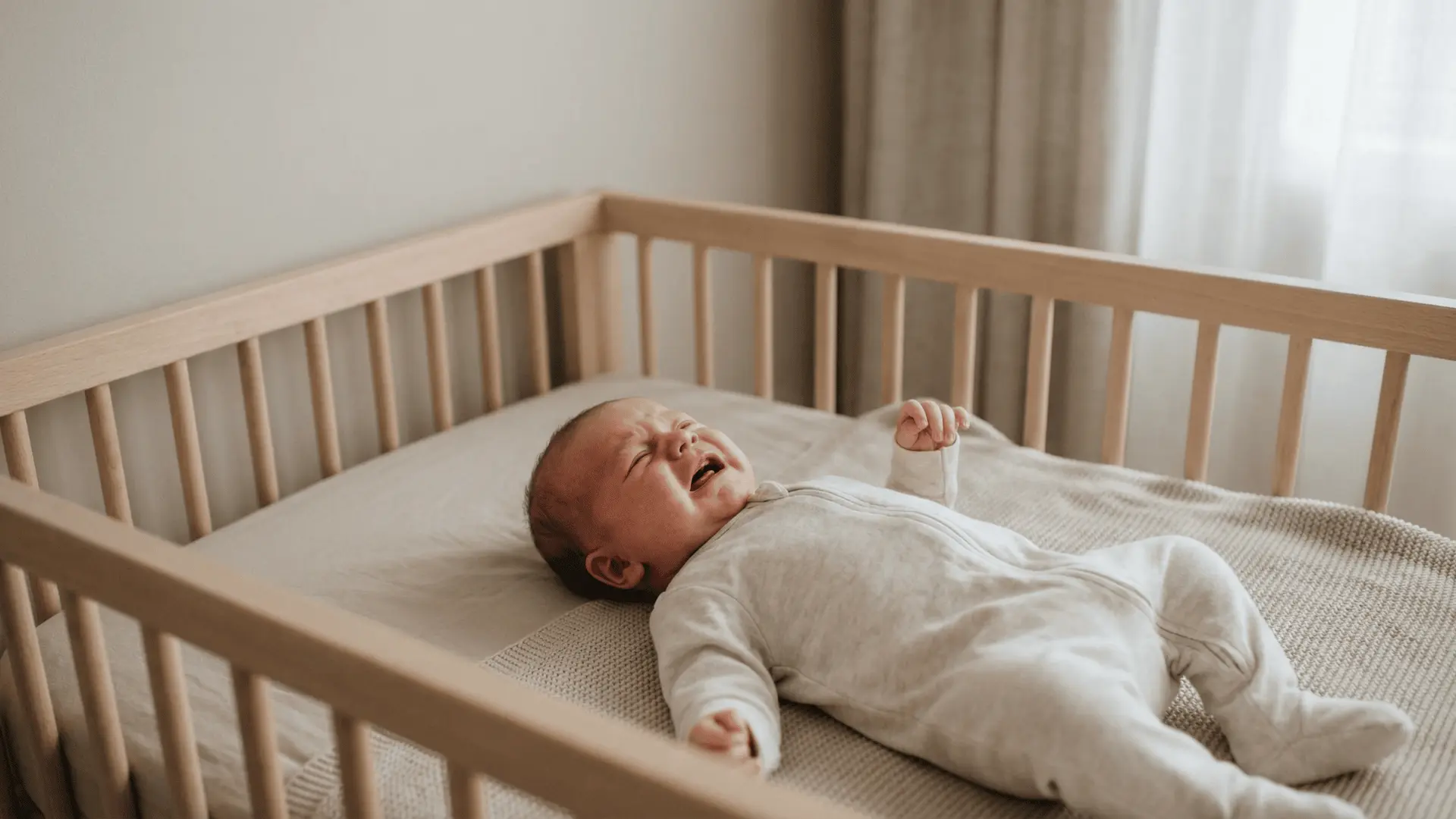 Newborn crying in a crib