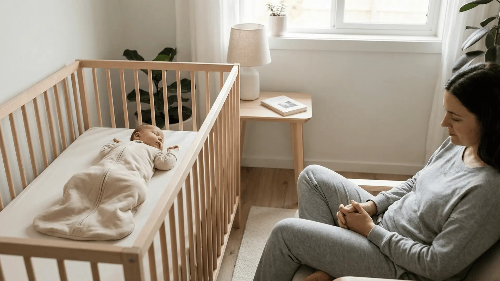 Newborn in crib while parent sits nearby taking a short break