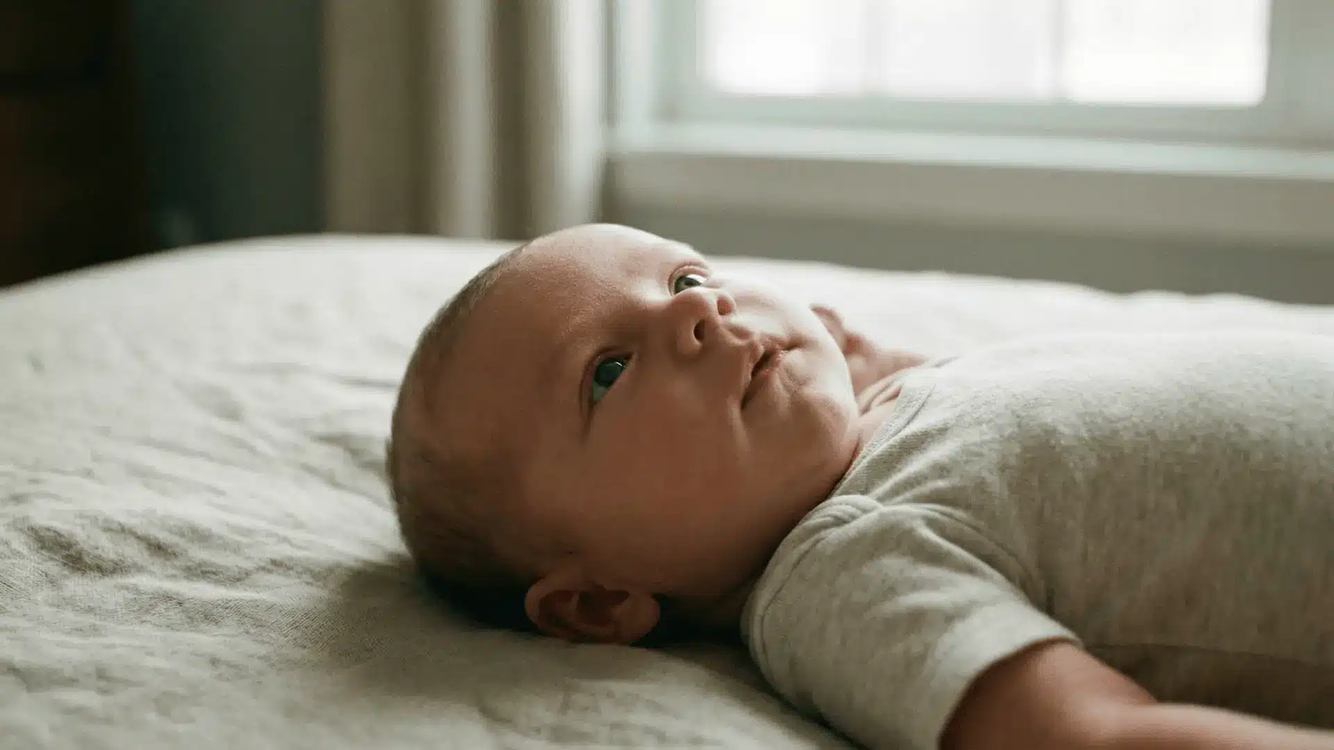Newborn lying calmly and looking upward