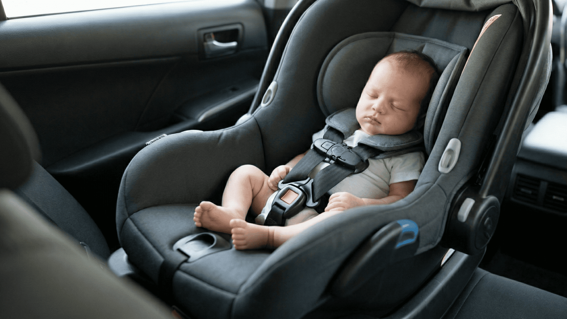 Newborn secured in rear-facing car seat with harness in place