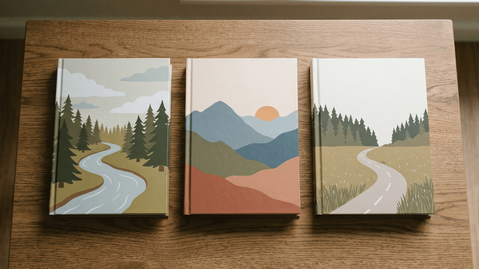 notebooking book club books with mountain and river-themed covers on a wooden table