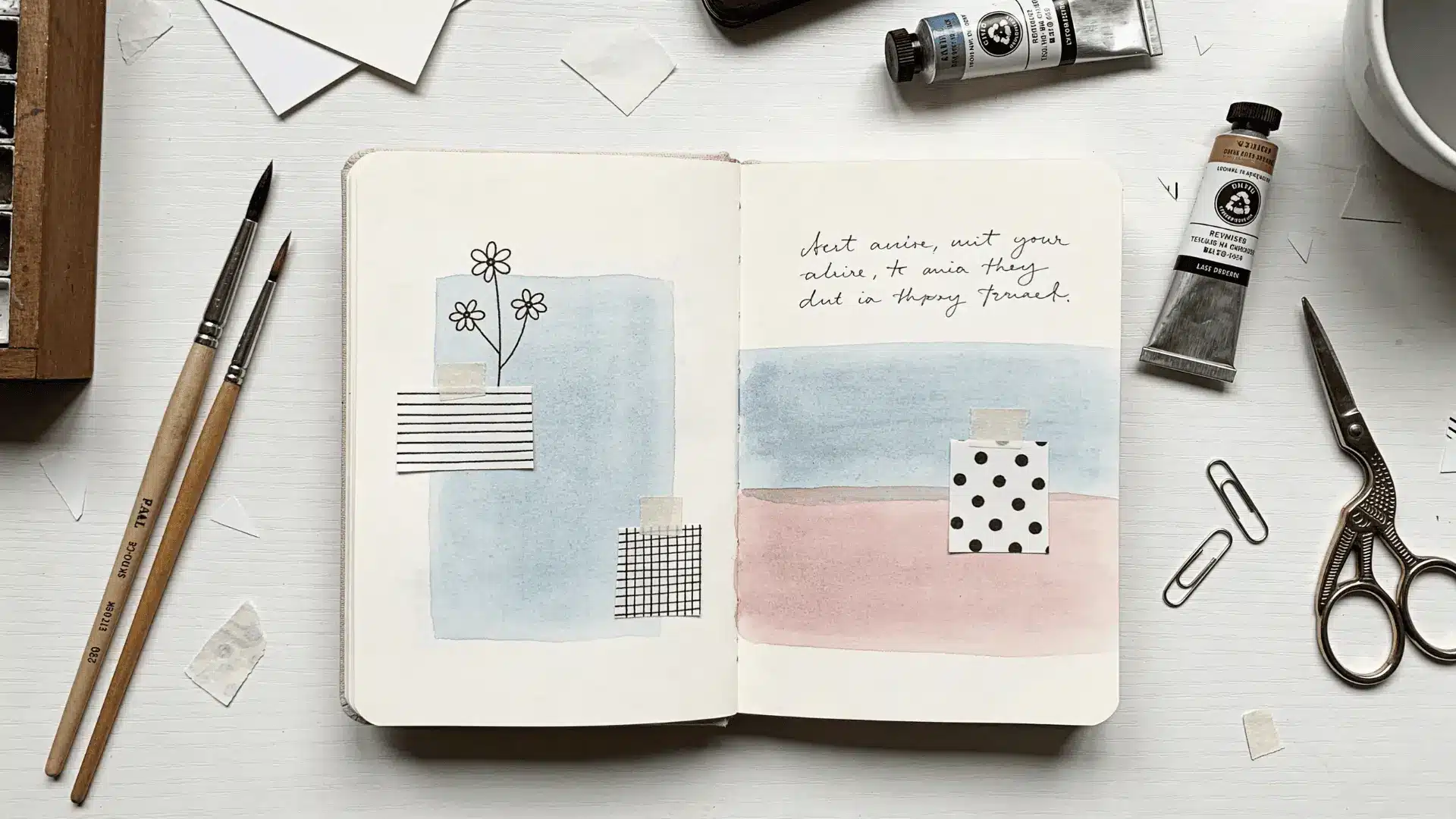 Open art journal with doodles paint layers and paper pieces on a desk with basic art supplies around