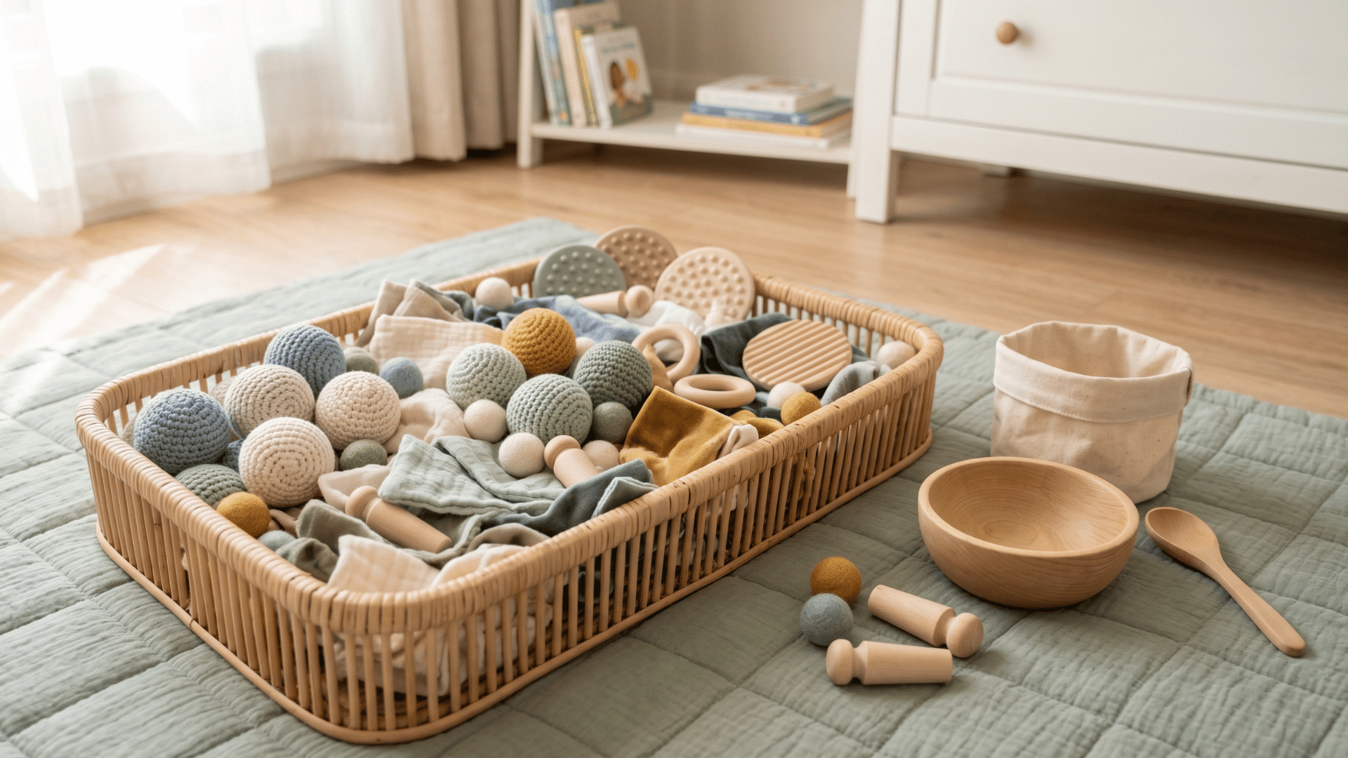 open container with soft balls and sensory objects on a padded play mat