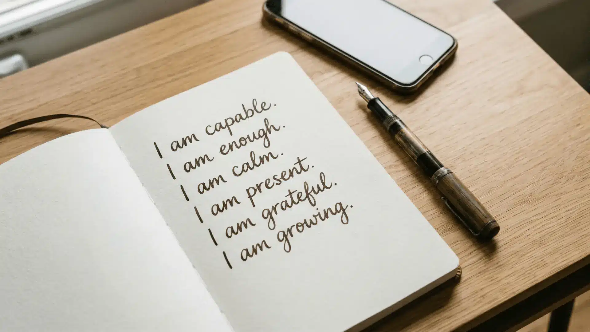 Open notebook with simple “I am” affirmations written on a desk with pen and phone nearby