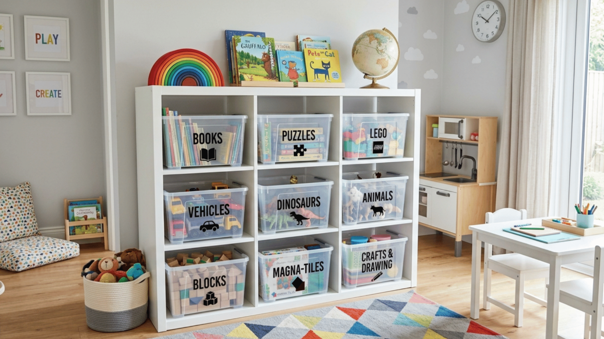 organized playroom with clear plastic bins, labeled toy storage, and clutter-free colorful family space