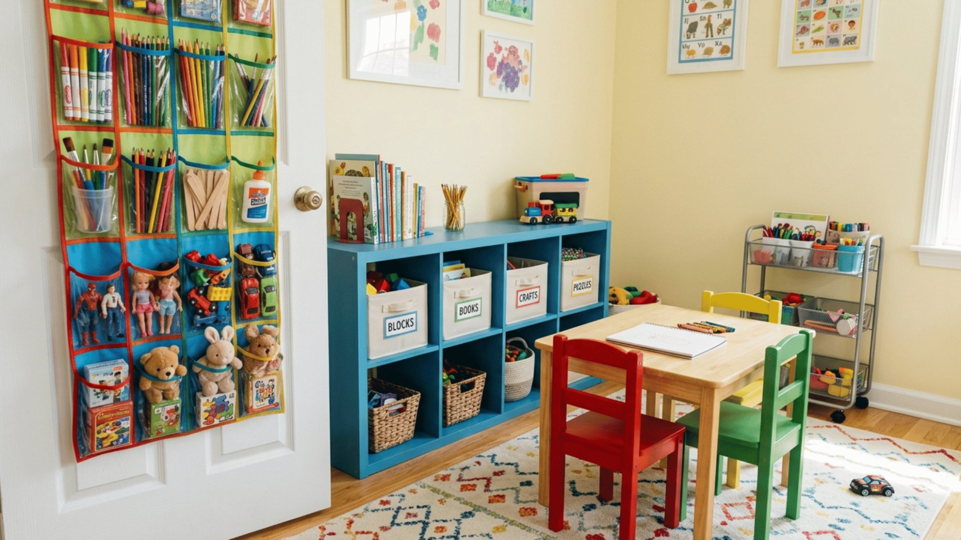 over-the-door organizer filled with toys and art supplies in a colorful and organized small playroom setup