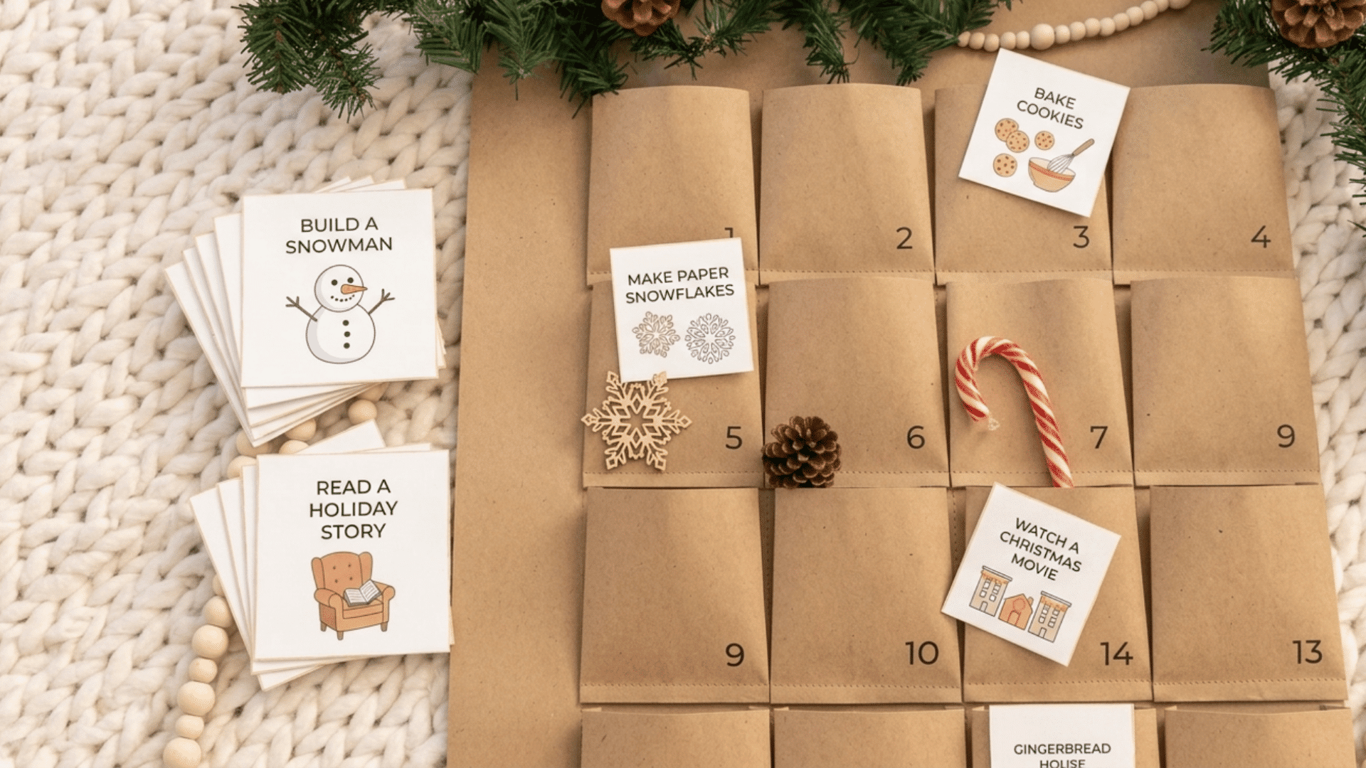 paper bag advent calendar with holiday activity cards, candy cane, and cozy christmas craft decor indoors