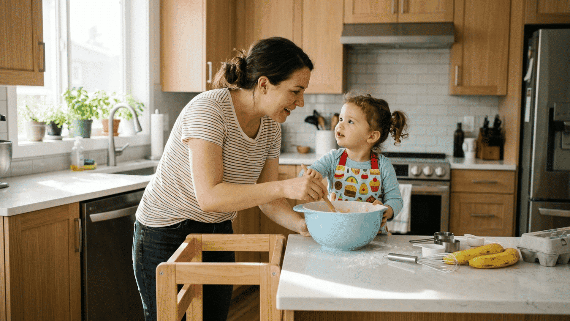 parent and toddler practicing communication during simple cooking activities together at home