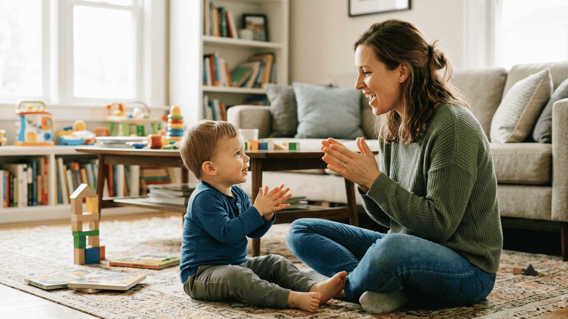 parent and toddler singing songs with hand movements during speech practice activities at home