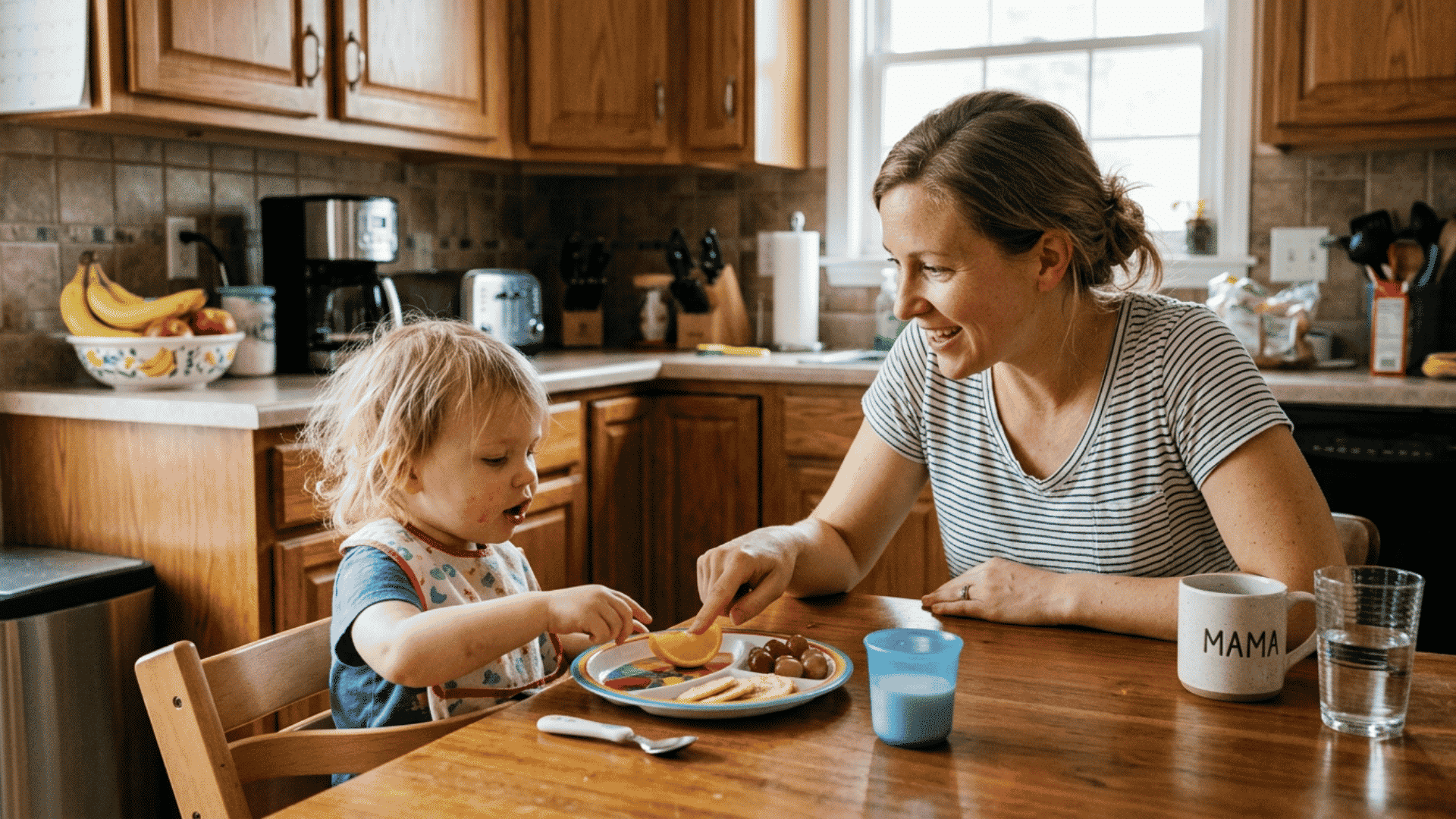 parent encouraging a toddler to speak in short sentences during mealtime conversation at home