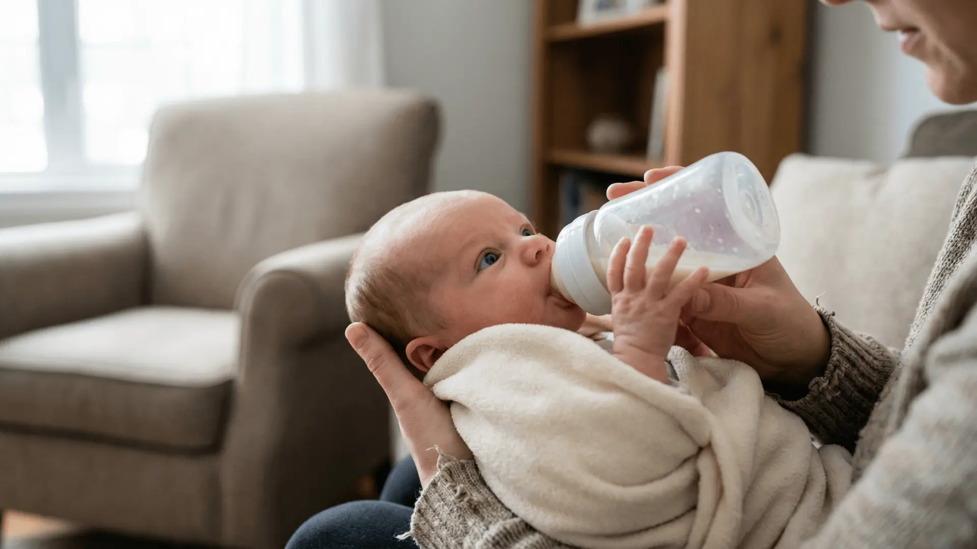 Parent feeding newborn while baby is alert