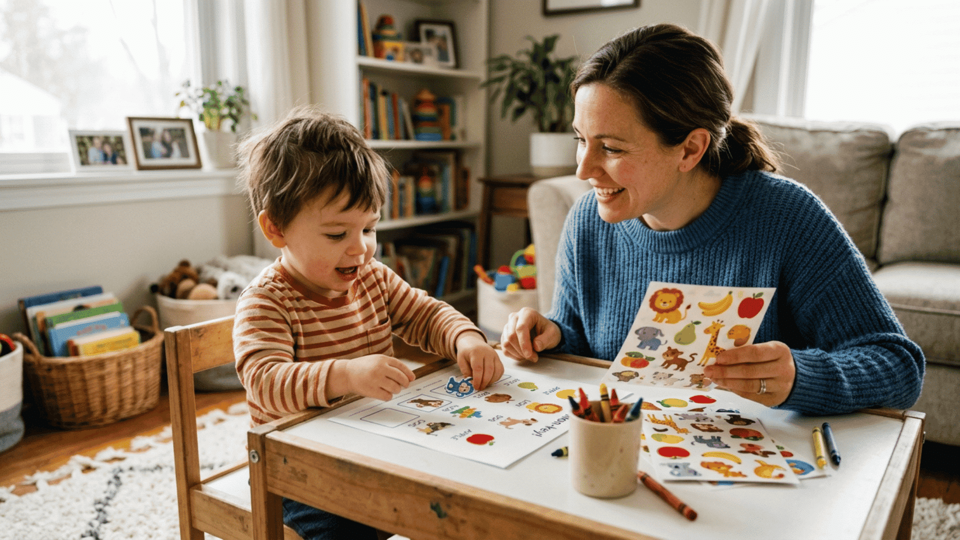 parent helping a toddler identify and name colorful stickers during speech learning activities at home