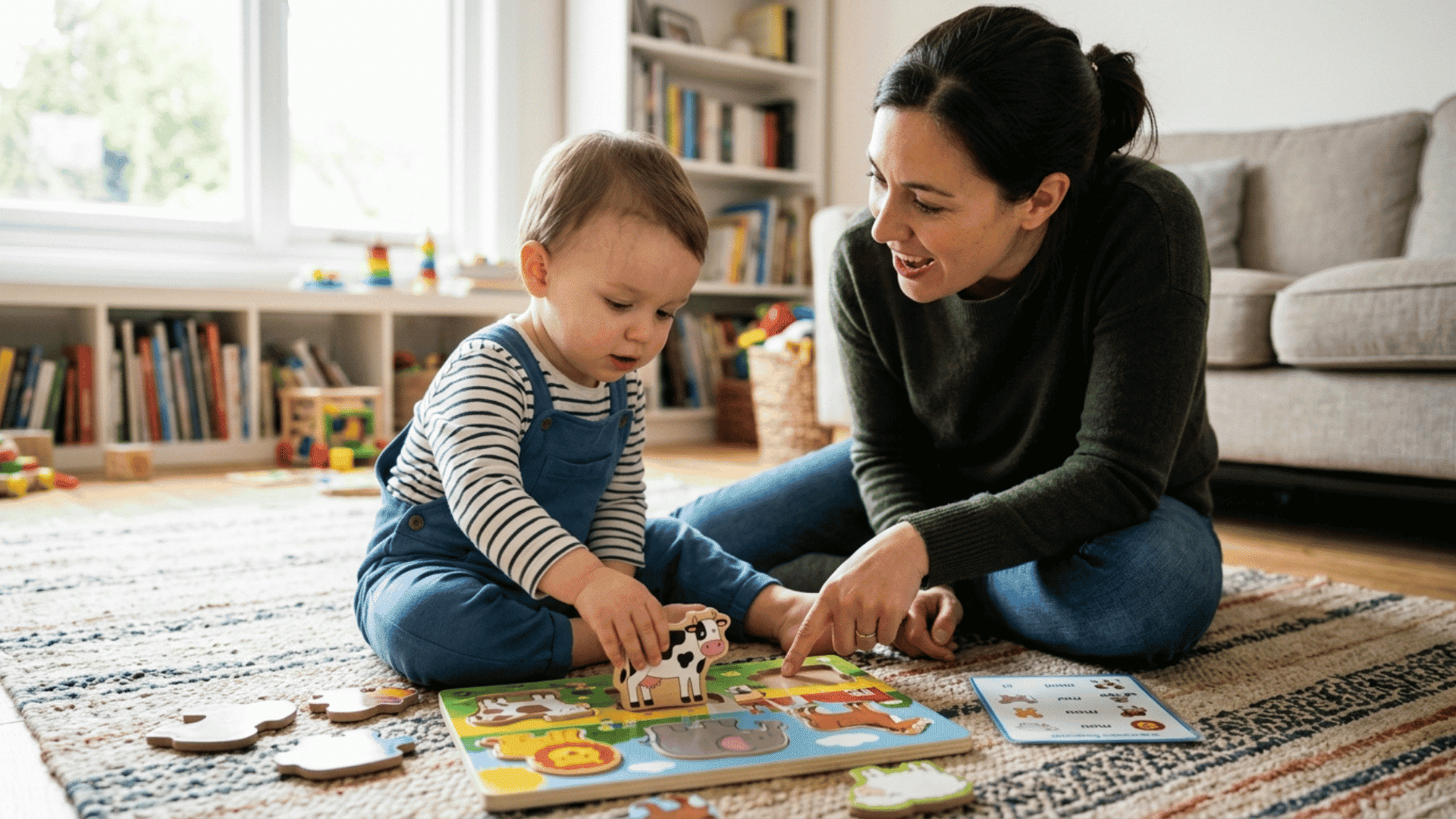parent helping a toddler name animal puzzle pieces during speech activities at home