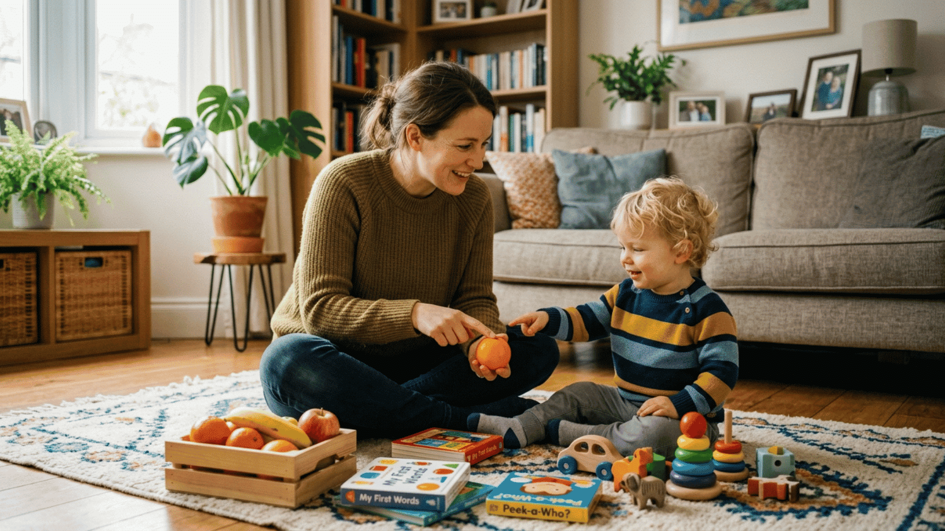 parent helping a toddler name toys books and household items during speech practice activities at home