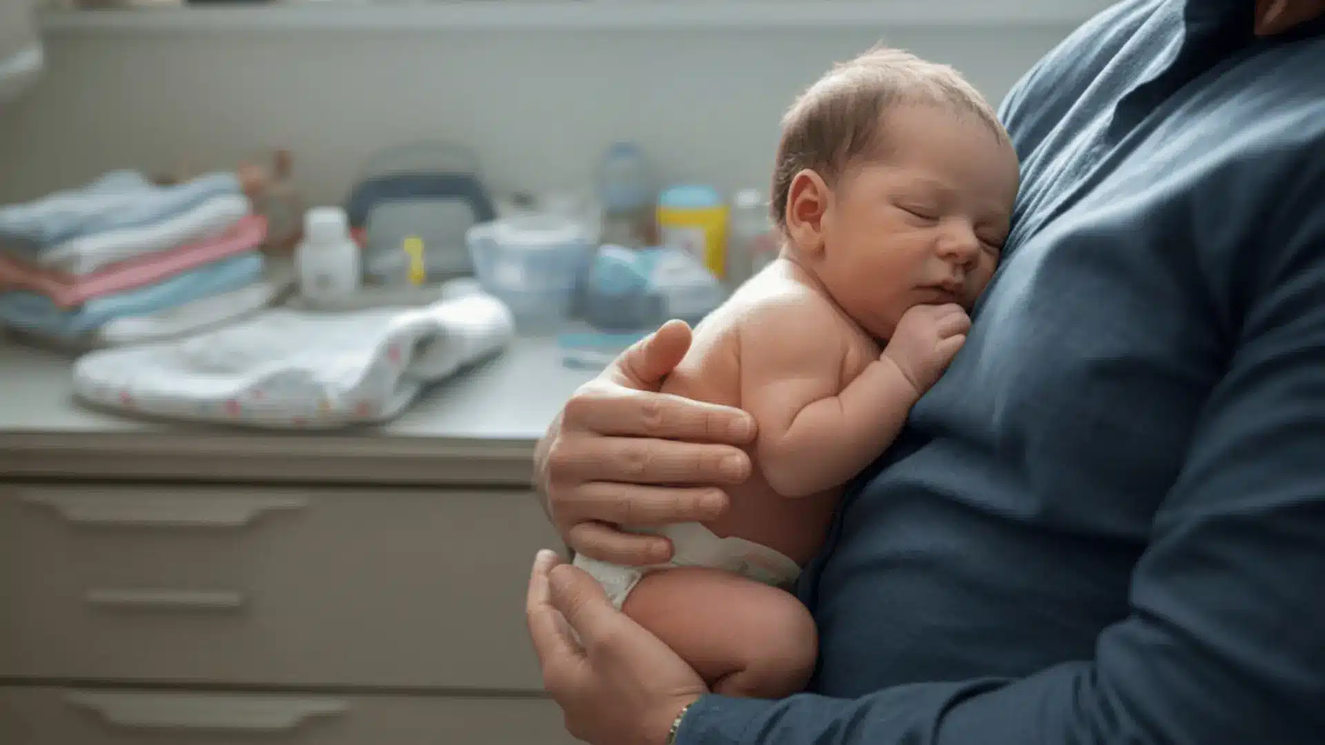 Parent holding newborn against chest with household items visible in background