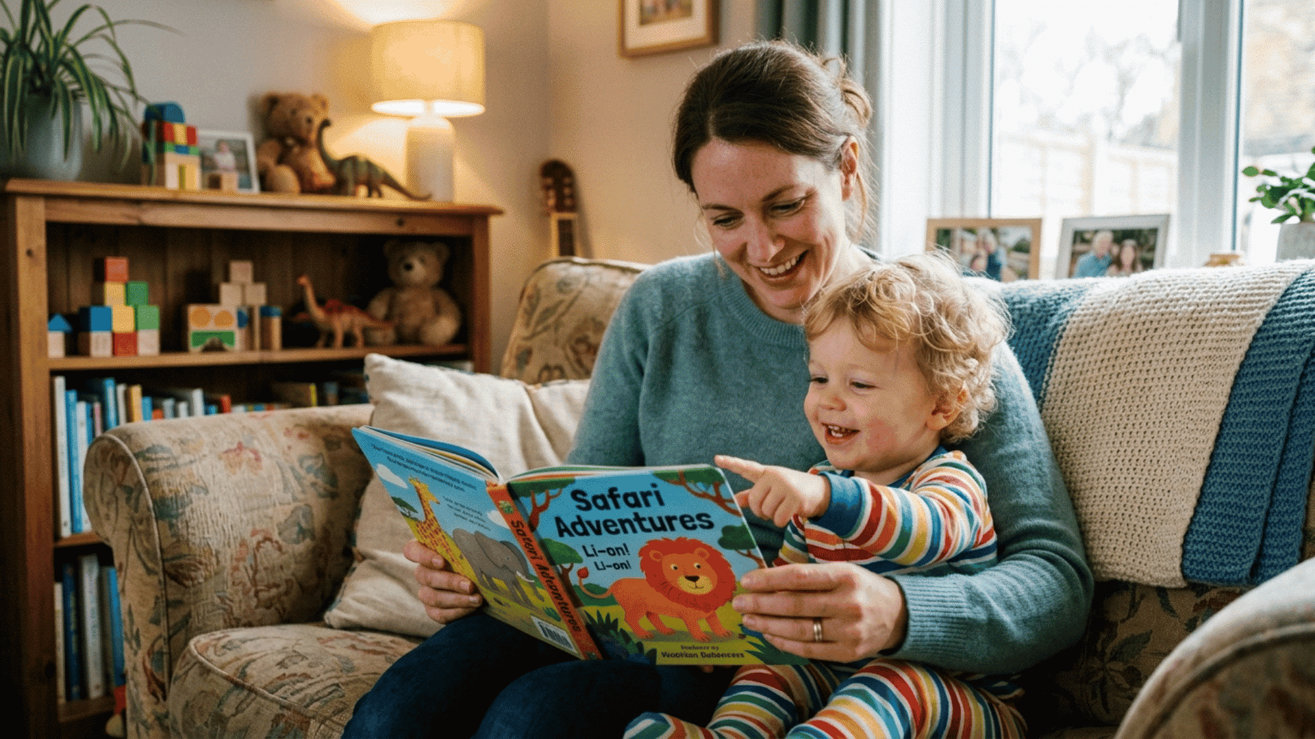parent reading a picture book with a toddler during language and speech learning activities at home