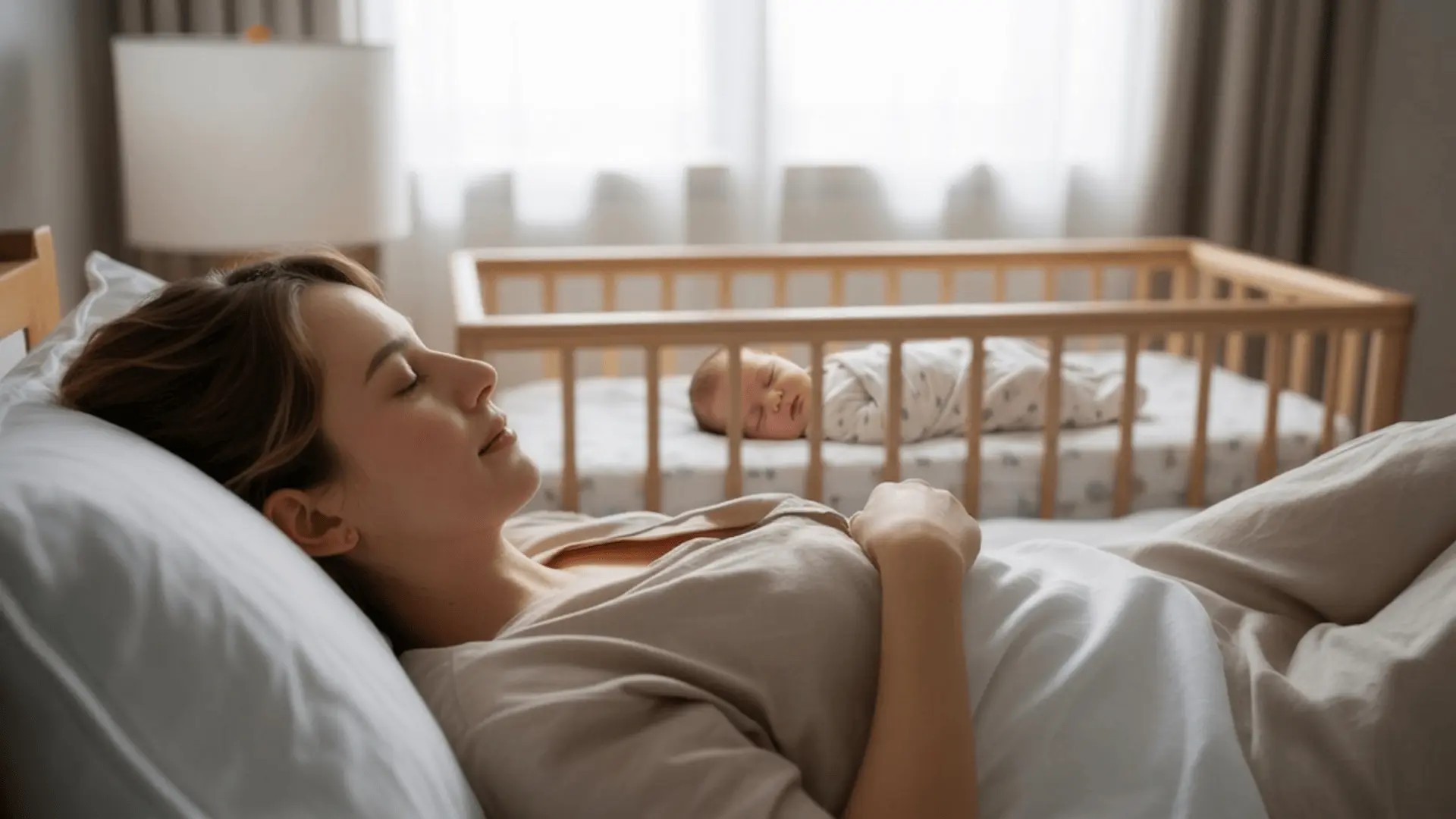 Parent resting on bed while newborn sleeps in nearby crib
