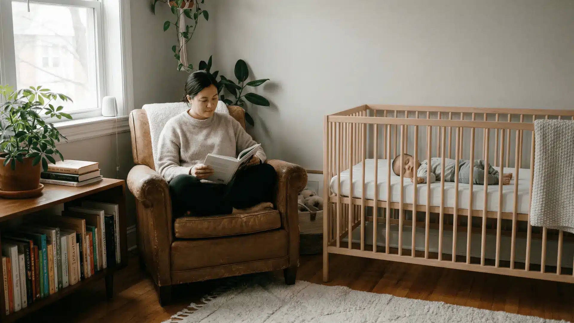 Parent sitting quietly with baby resting in nearby crib