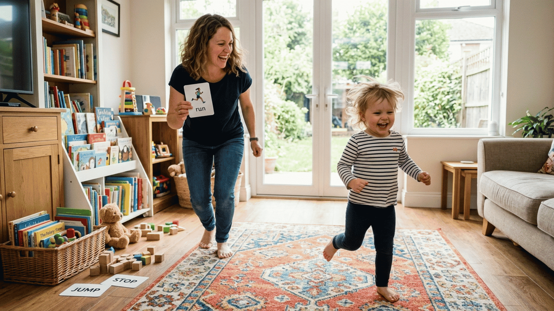 parent teaching action words to a toddler through running and movement activities at home