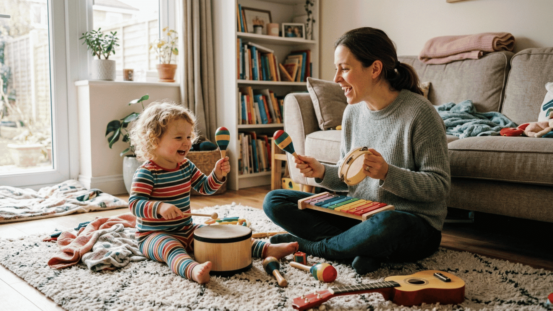parent teaching rhyming words to a toddler through songs and playful speech activities at home