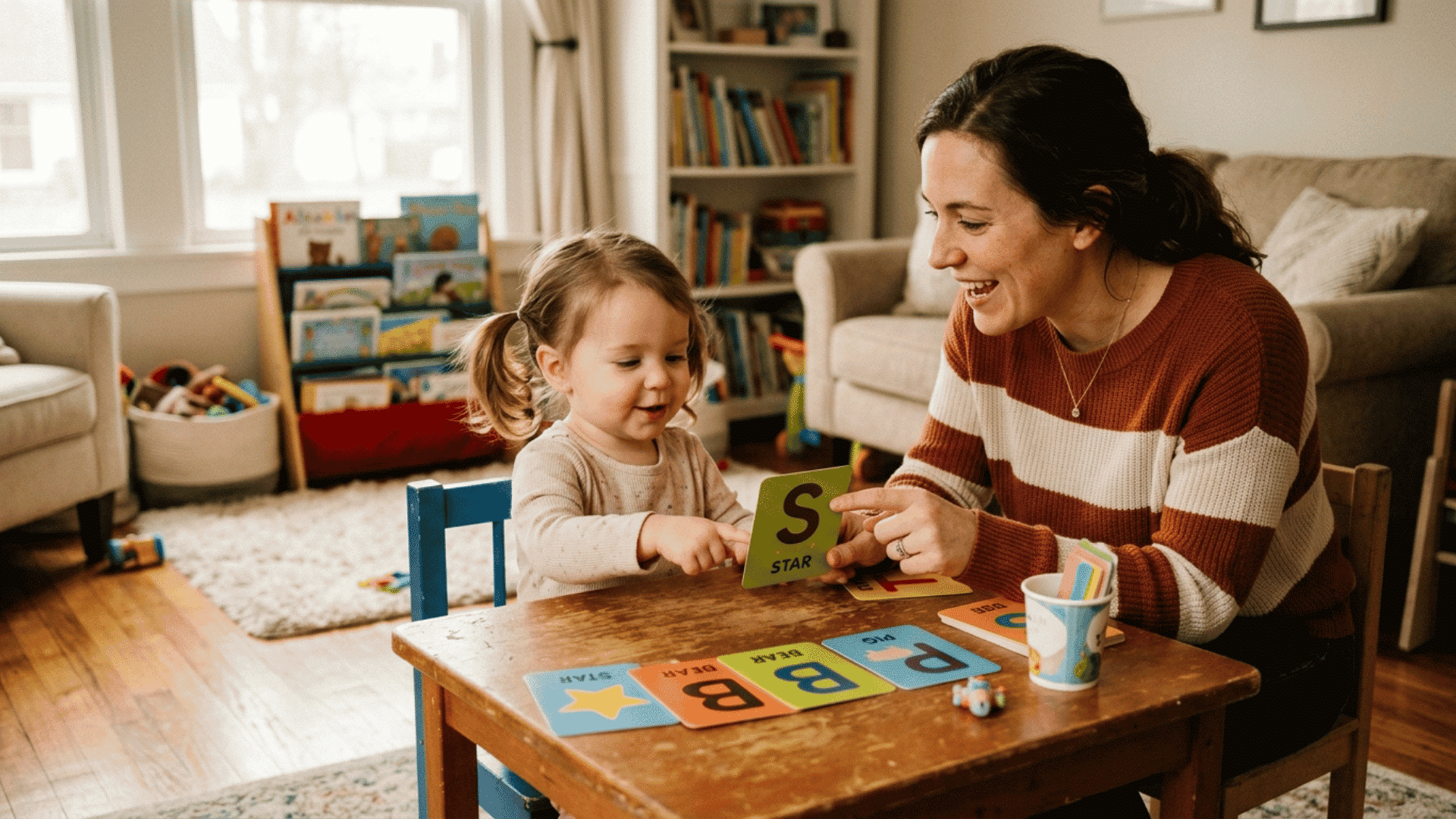 parent using colorful flashcards with a toddler to practice speech sounds and simple word recognition