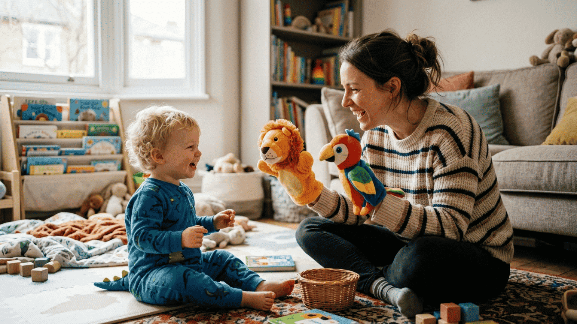 parent using colorful hand puppets with a toddler during speech communication activities at home