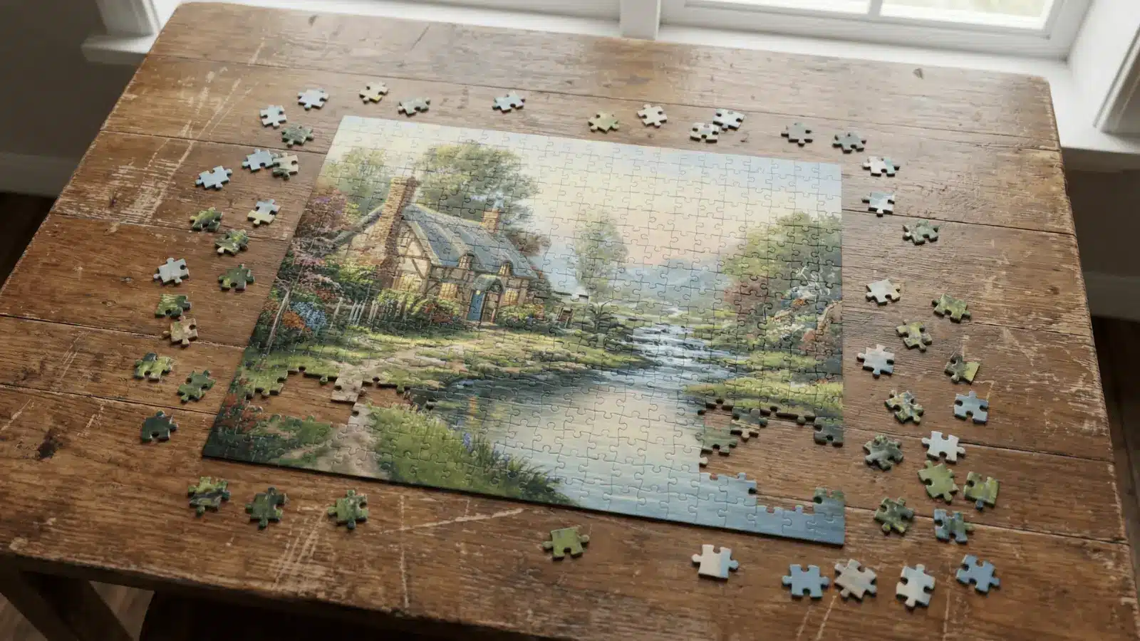 partially completed jigsaw puzzle with scattered pieces on a wooden table