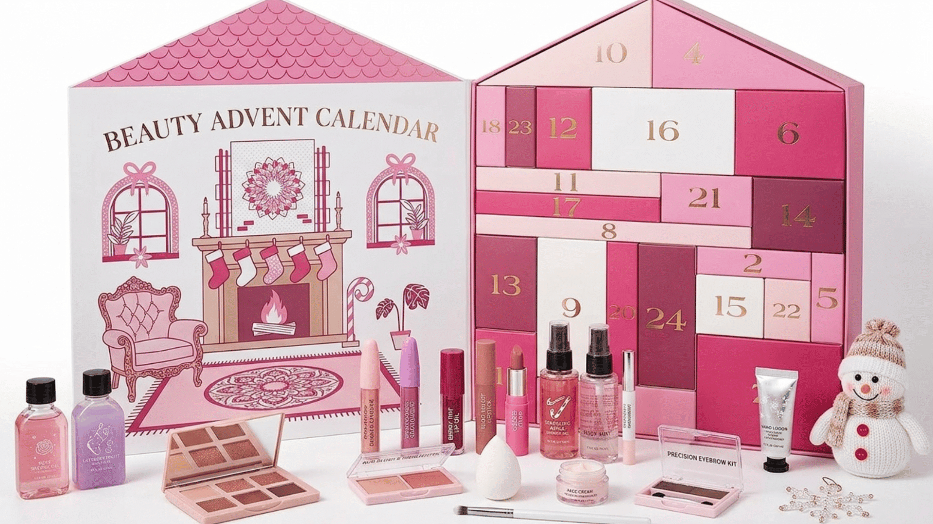 pink beauty advent calendar with makeup, skincare products, and festive holiday self-care gifts for teens