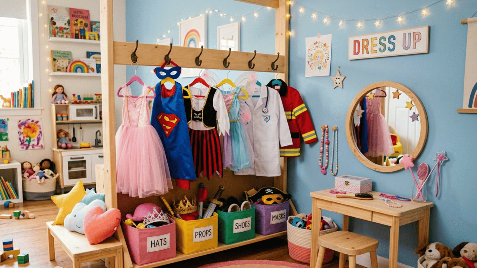 playful dress-up corner with hanging costumes, mirror, baskets, and imaginative kids playroom setup