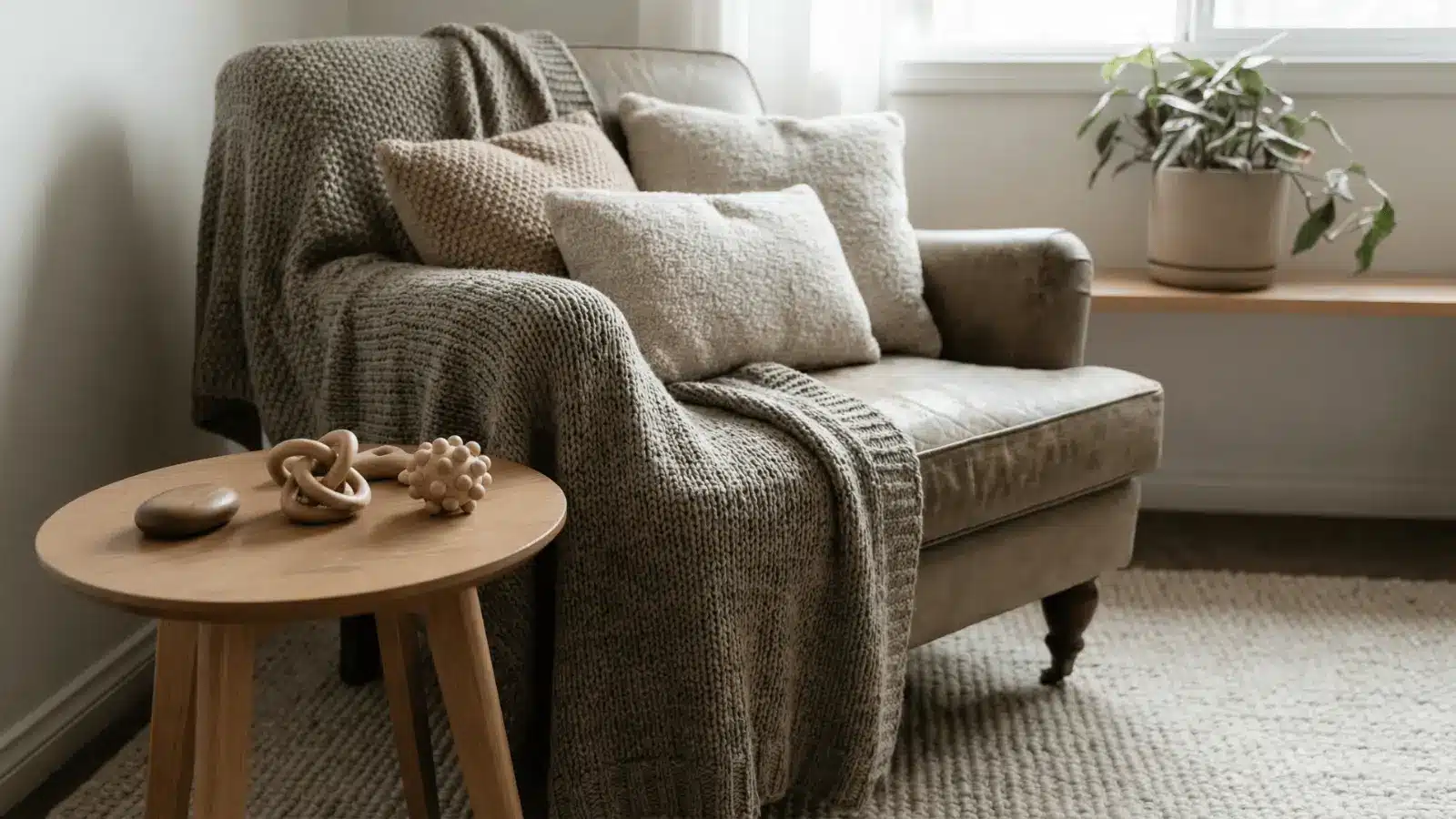Quiet corner with cushions, blanket, and small calming items arranged in a room