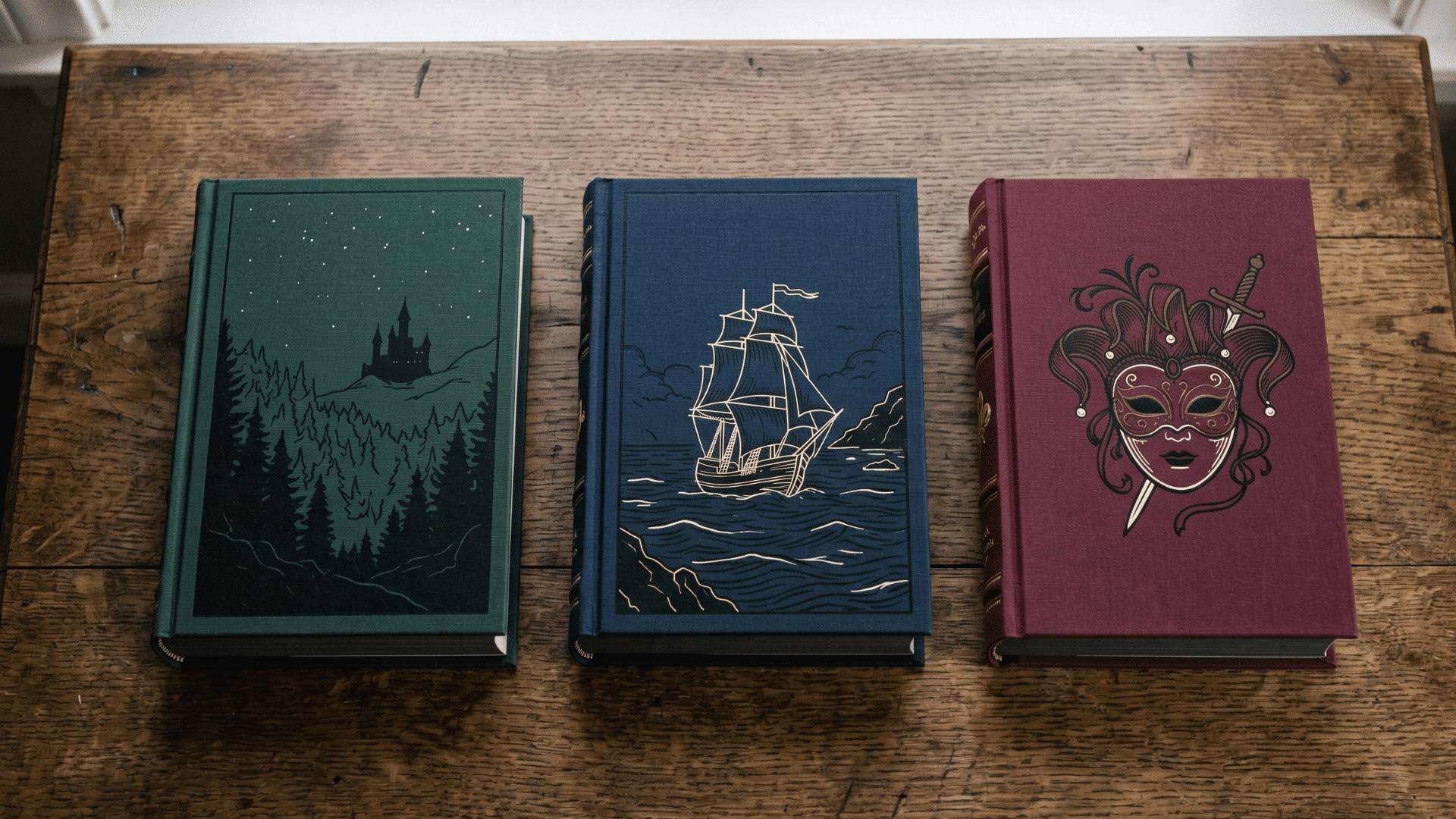 role-play book club books with ships and castle-themed covers on a wooden table