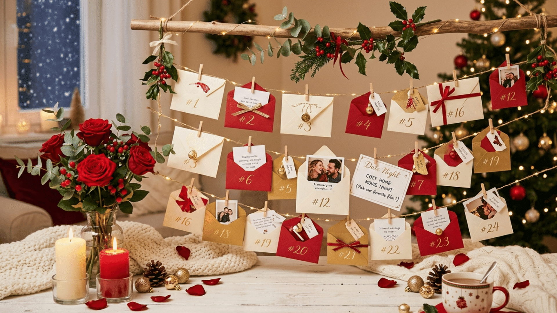 romantic advent calendar with love notes, photos, date ideas, and cozy christmas decorations for couples