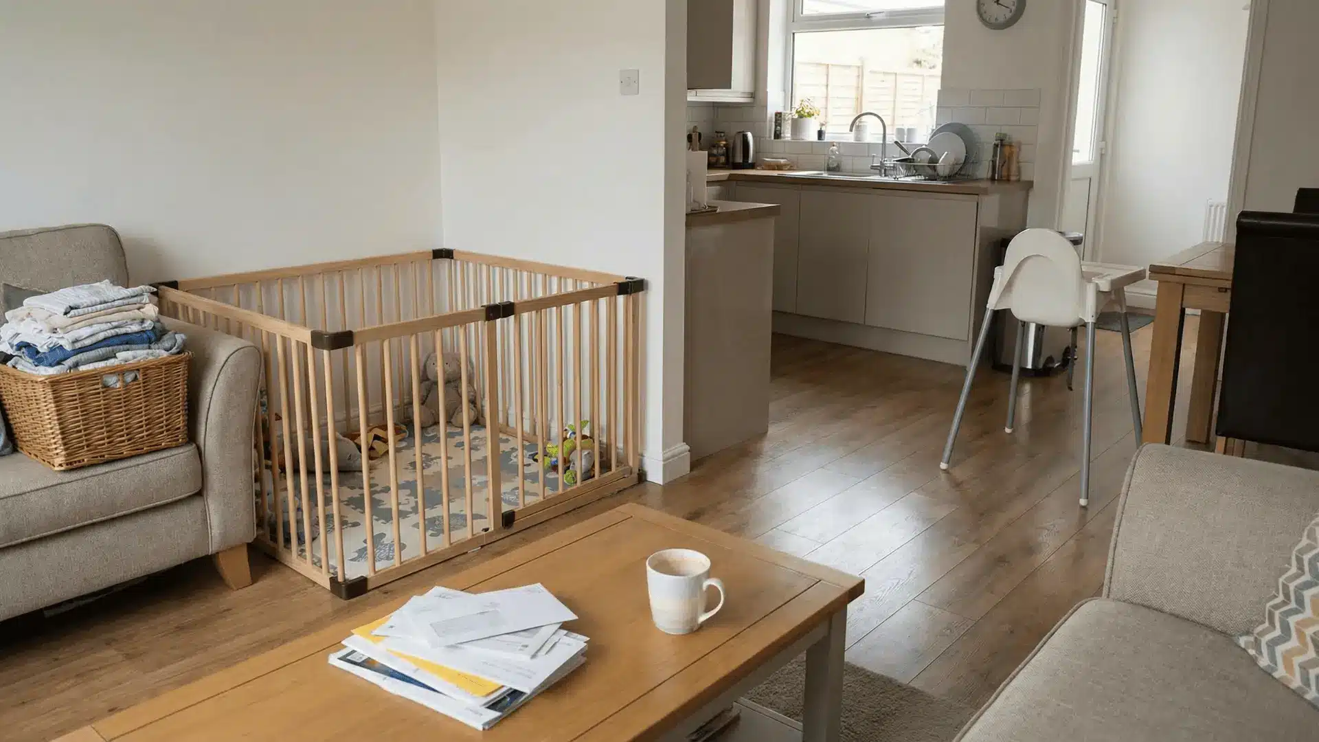 Room with baby items and everyday tasks left incomplete