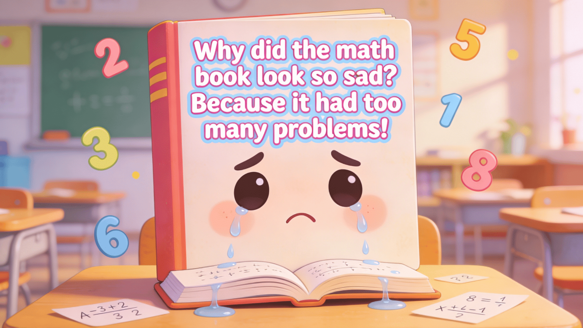 sad cartoon math book crying in classroom with funny too many problems pun joke