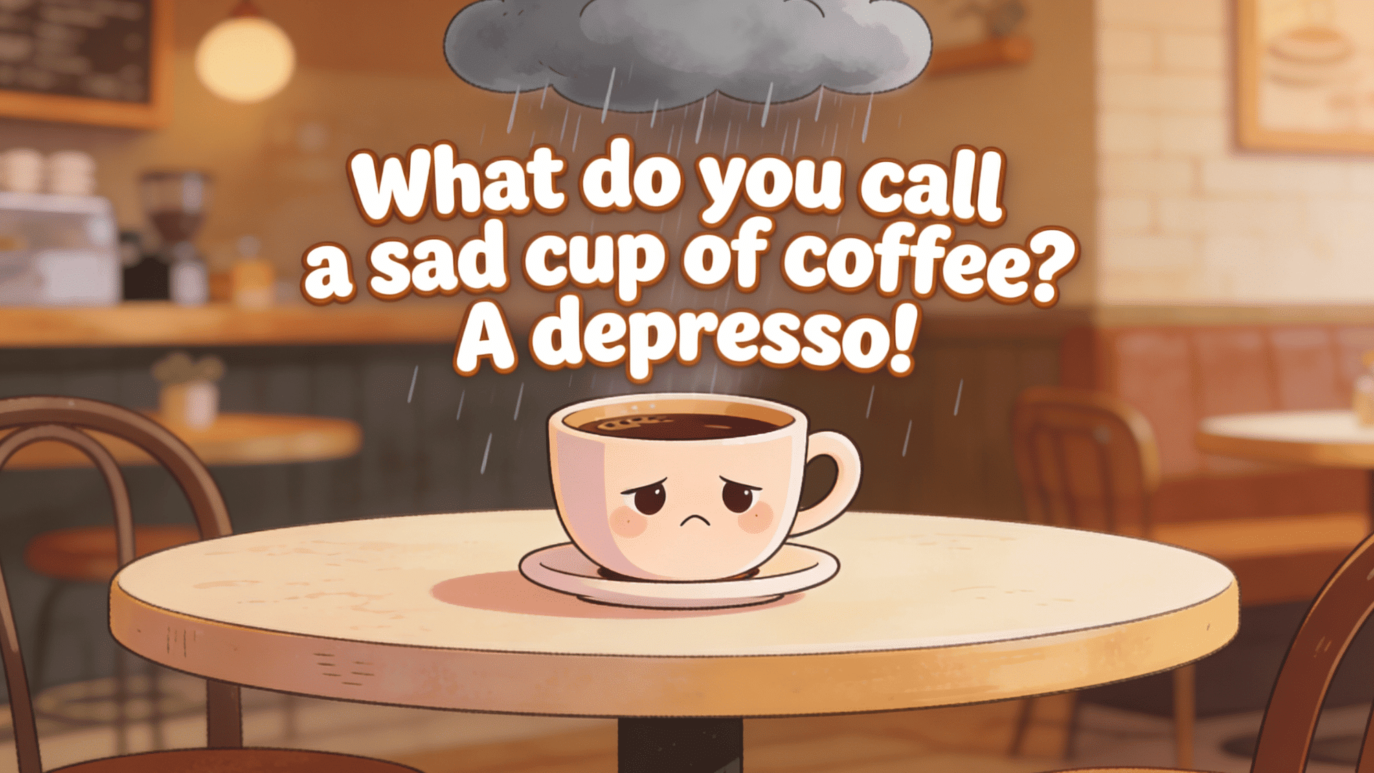 sad coffee cup under rain cloud in cafe with depresso coffee pun joke