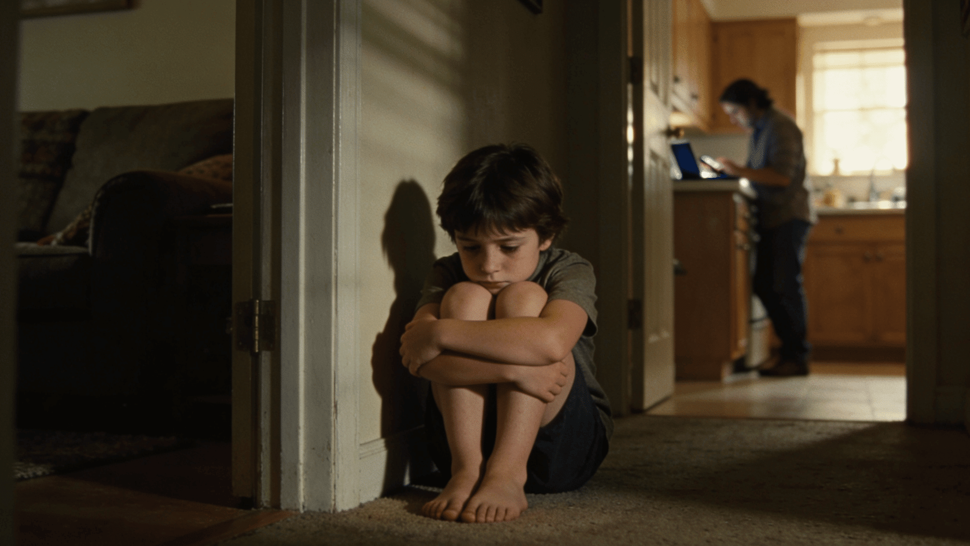 sad young boy sitting alone in hallway while father works on laptop in background