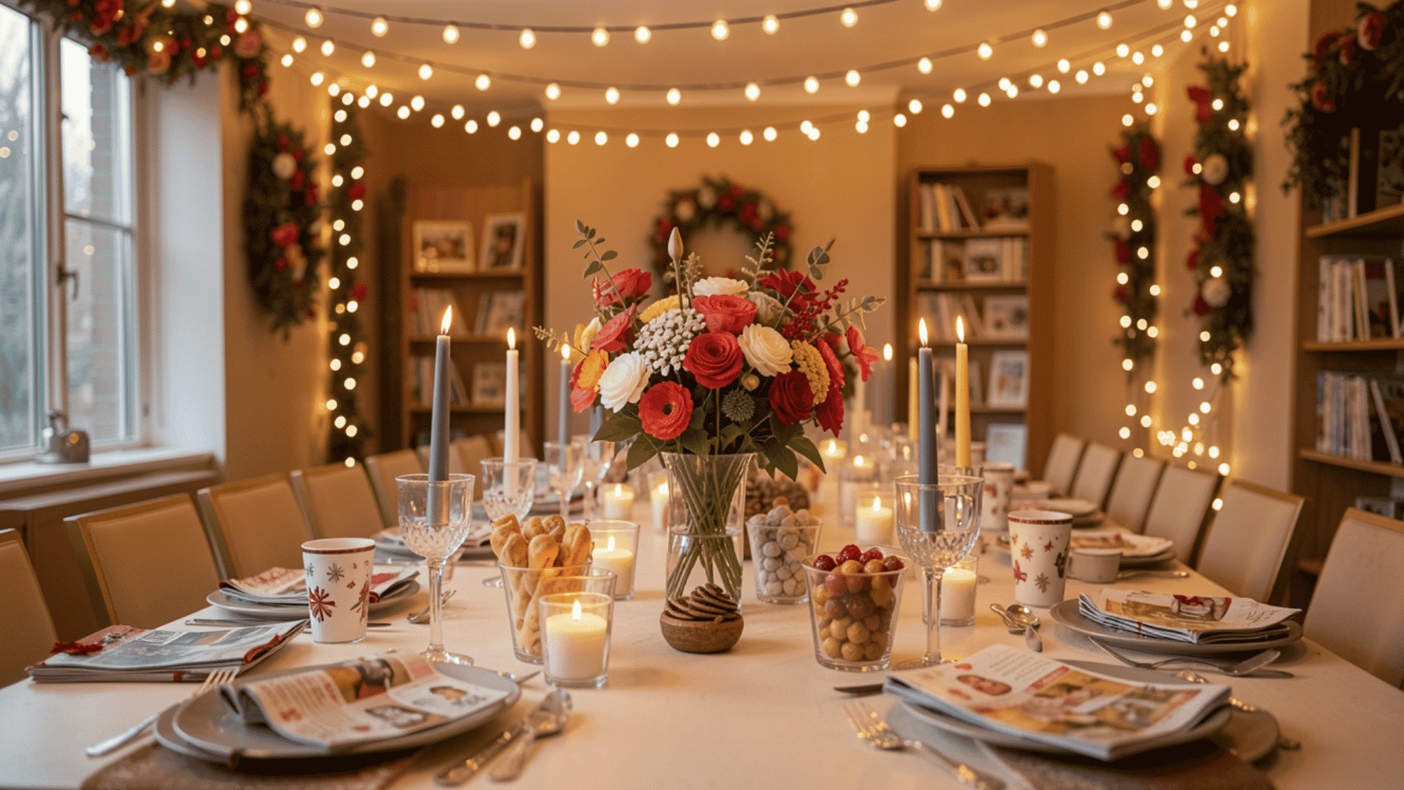seasonal book club table with string lights themed tableware fresh flowers glass candles and coordinated festive seasonal décor
