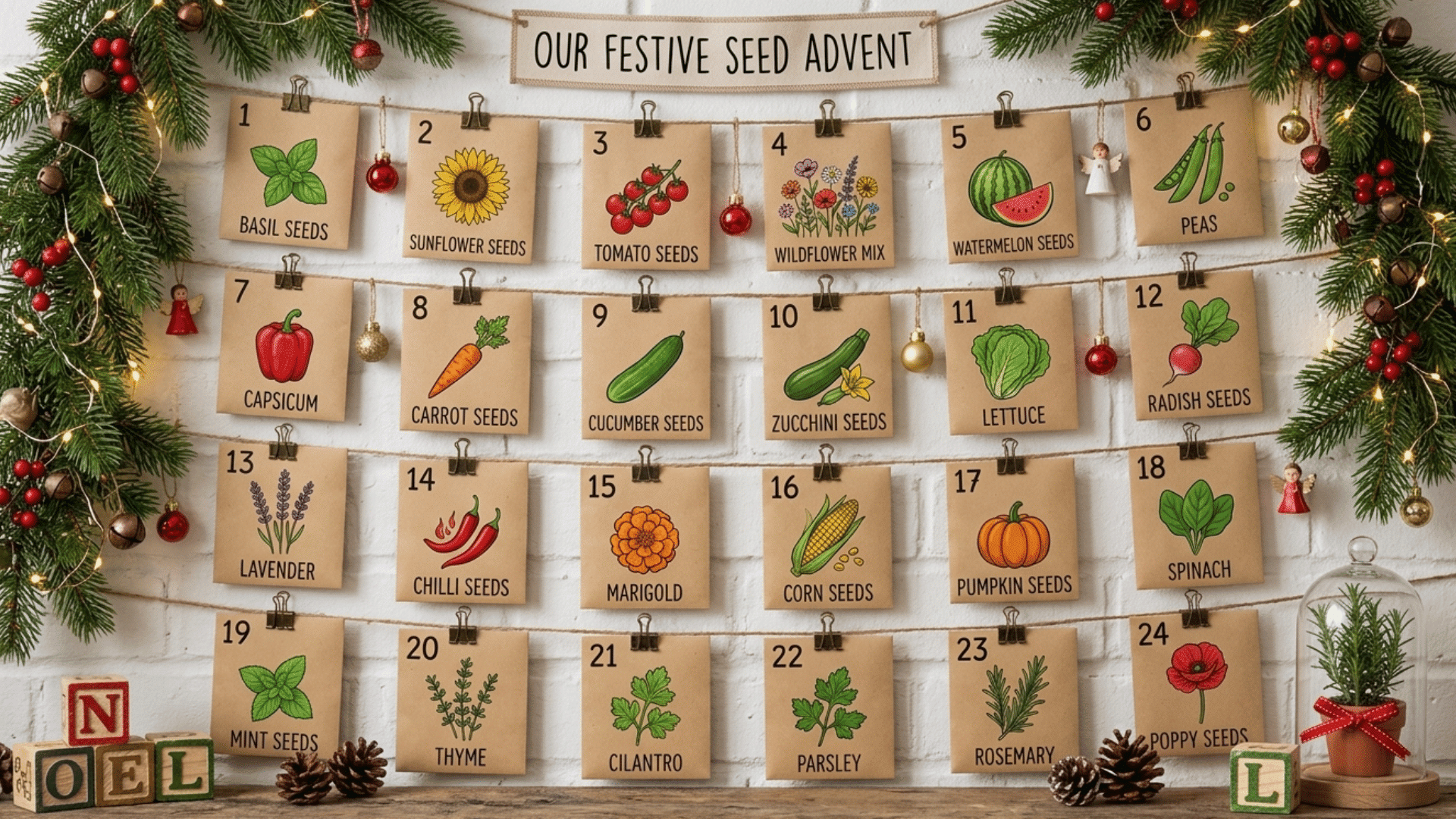 seed-themed advent calendar with herb and vegetable seed packets, festive greenery, and cozy christmas decorations