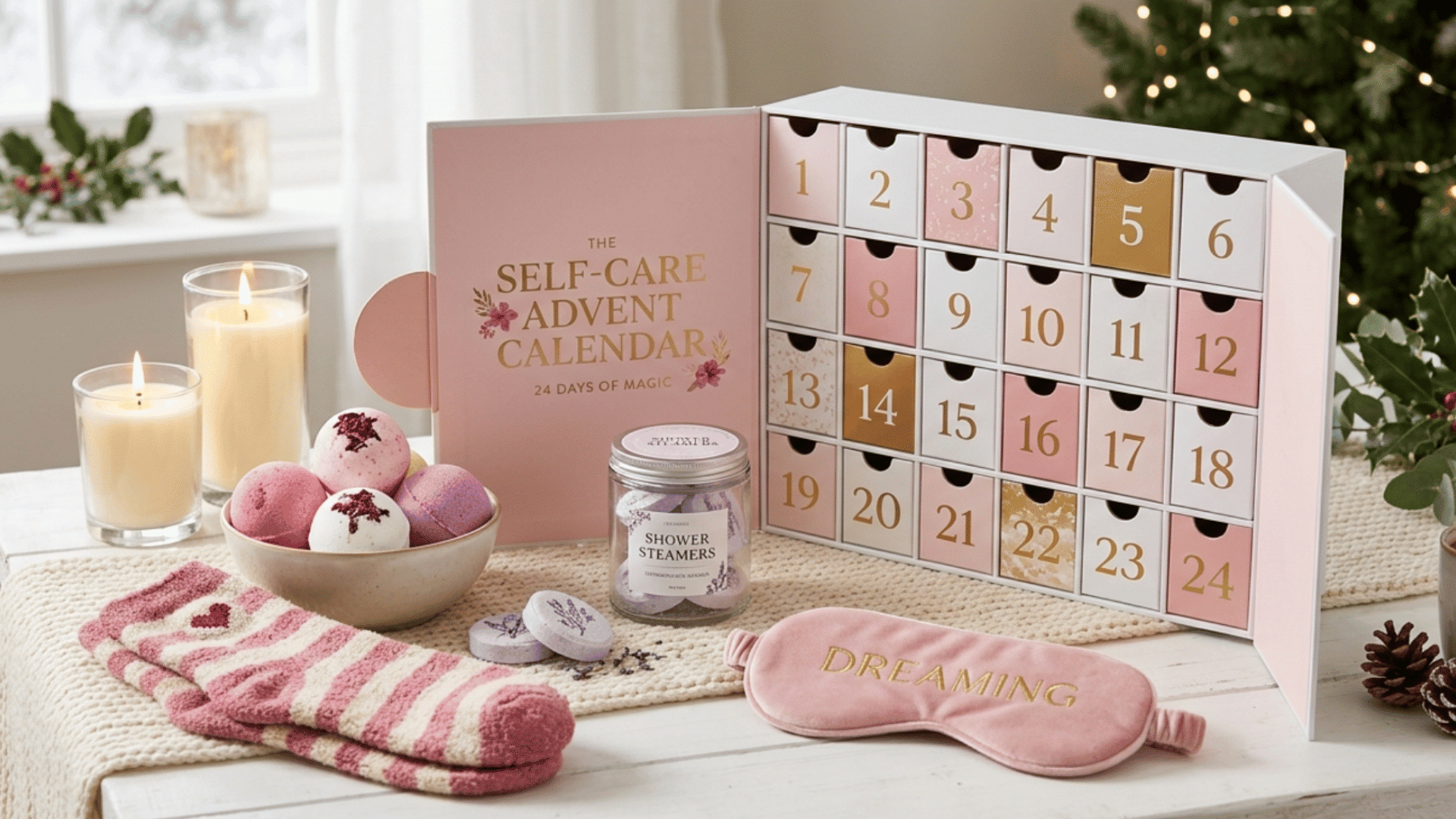 self-care advent calendar with bath bombs, candles, cozy socks, and relaxing holiday wellness gifts indoors