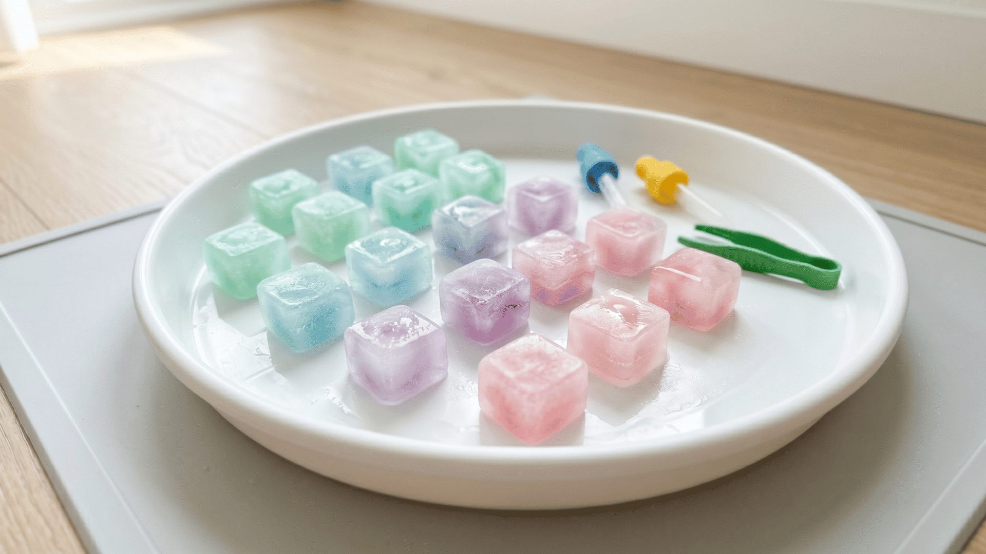 sensory tray with colorful ice cubes arranged on a wipe-clean mat