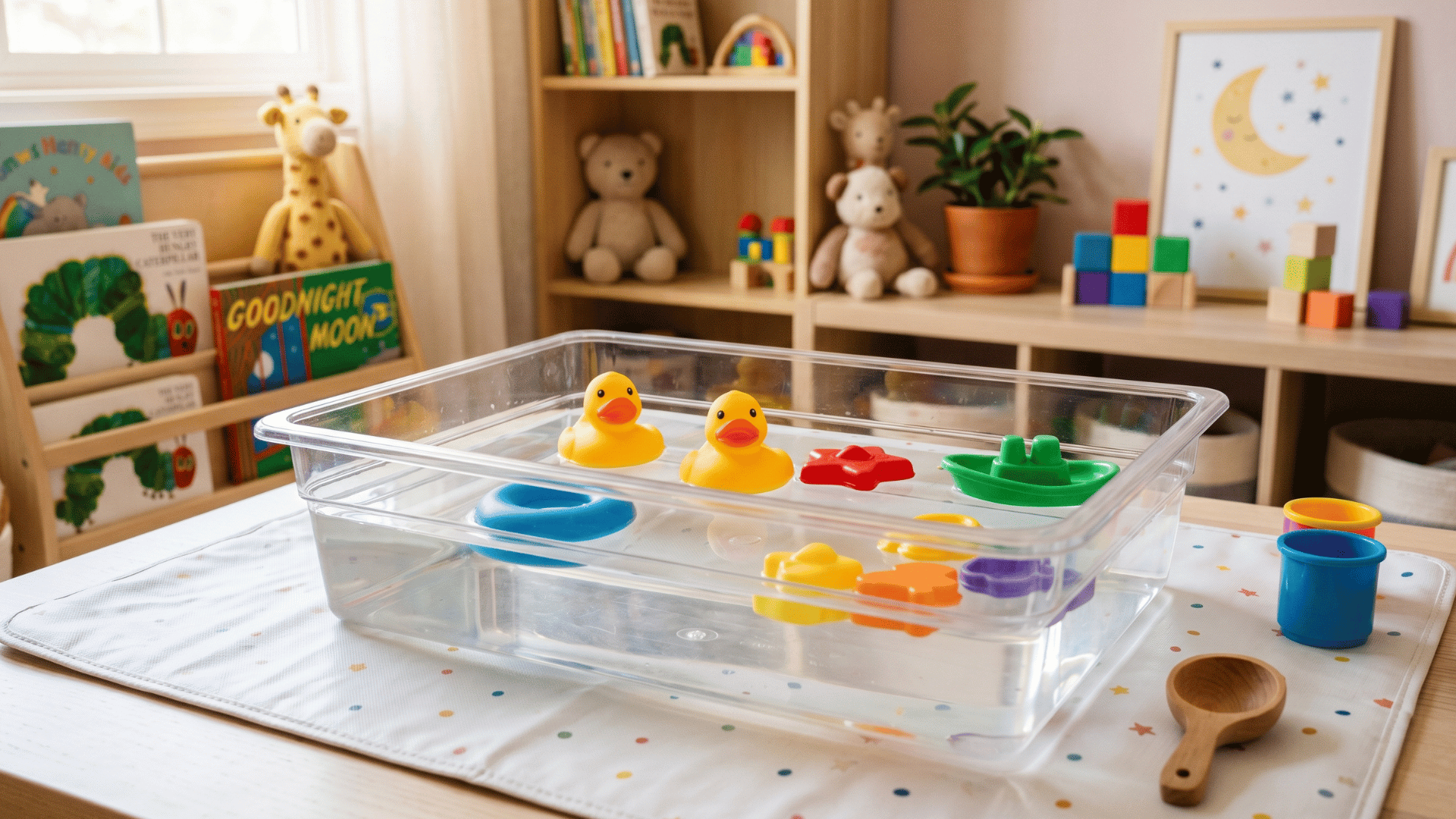 shallow sensory water tray with floating toys on a wipe-clean play mat