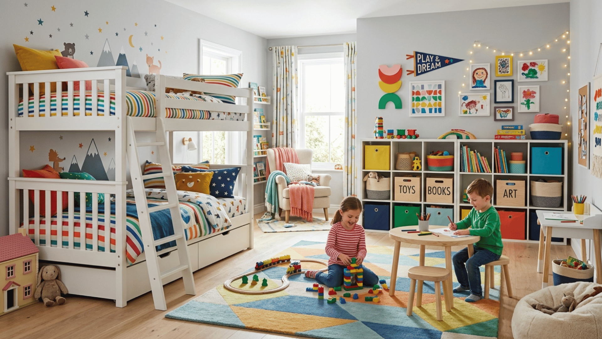 shared kids bedroom and playroom with bunk bed, toy storage, and open floor play space setup