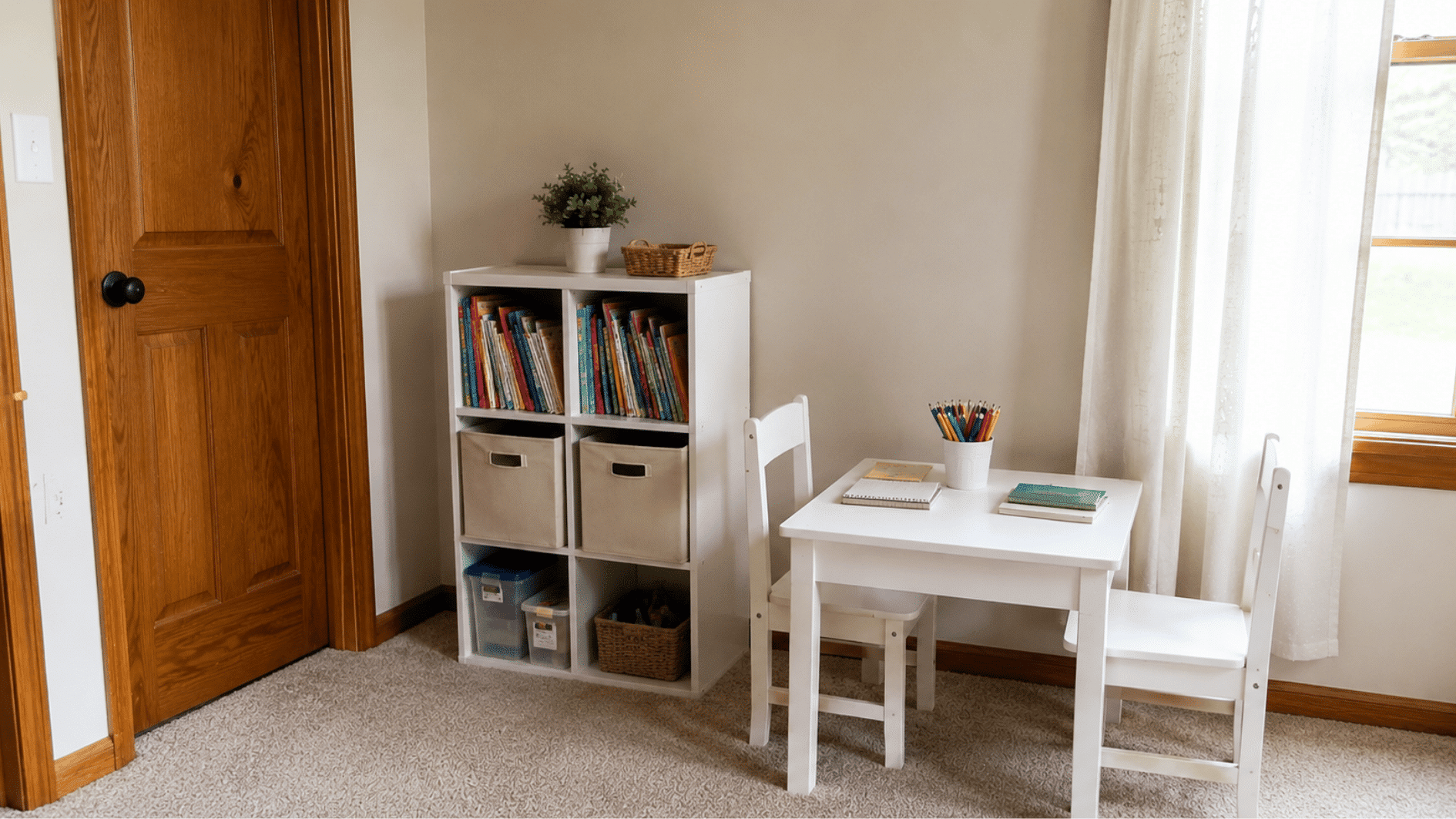 simple homeschool study corner with small table, bookshelves, and storage inside a family home