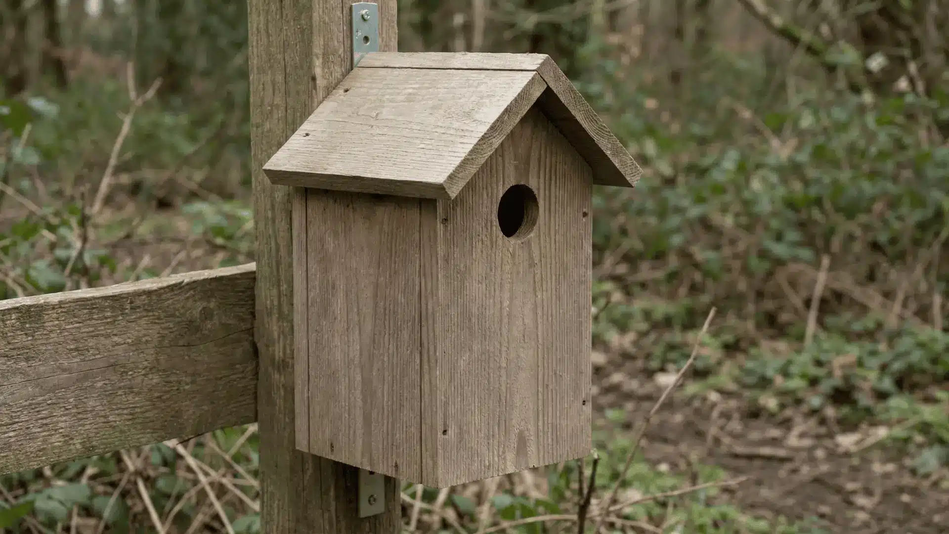 Simple wooden birdhouse with round entrance hole mounted outdoors on a post